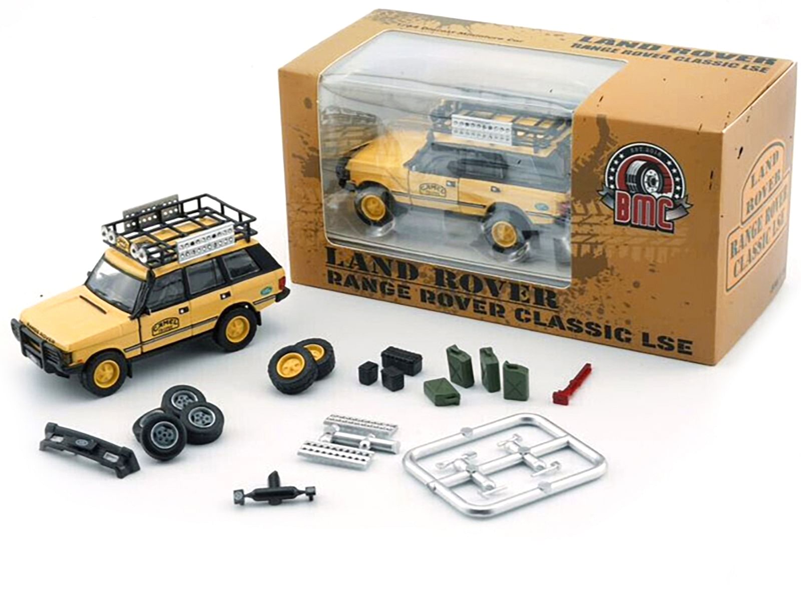 Land Rover Range Rover Classic LSE RHD (Right Hand Drive) “Camel Trophy” Yellow with Roof Rack Extra Wheels and Accessories 1/64 Diecast Model Car by BM Creations