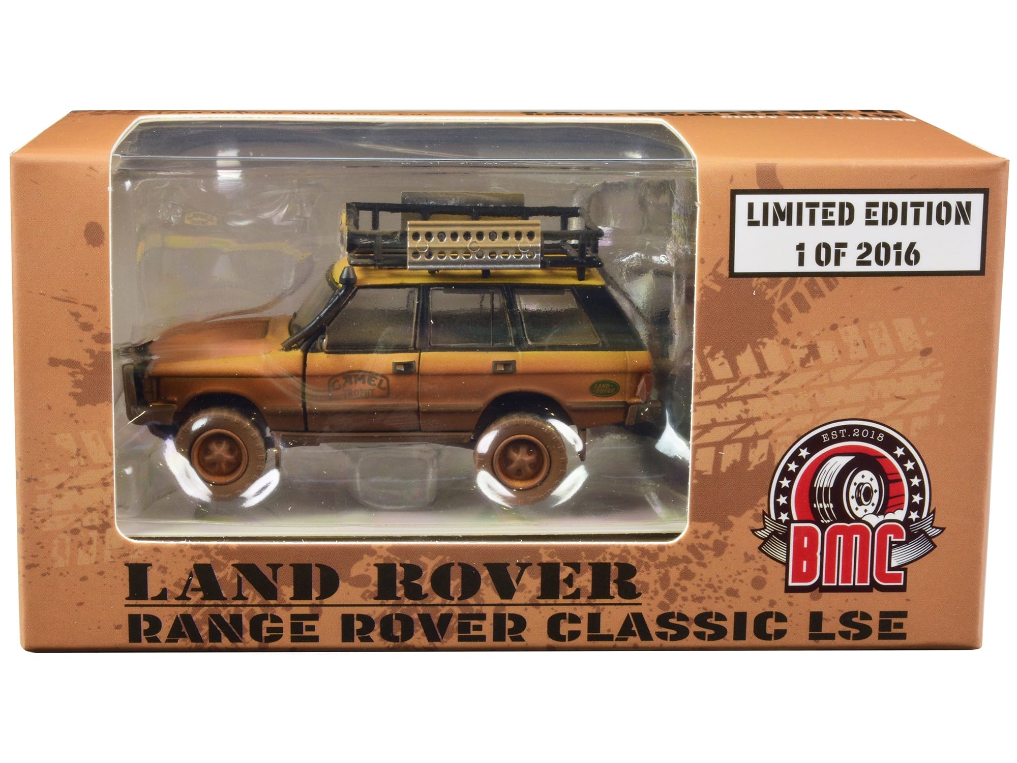 Land Rover Range Rover Classic LSE RHD (Right Hand Drive) "Camel Trophy" Yellow (Dirty Mud Version) with Roof Rack Extra Wheels and Accessories Limited Edition to 2016 pieces Worldwide 1/64 Diecast Model Car by BM Creations - Image 2
