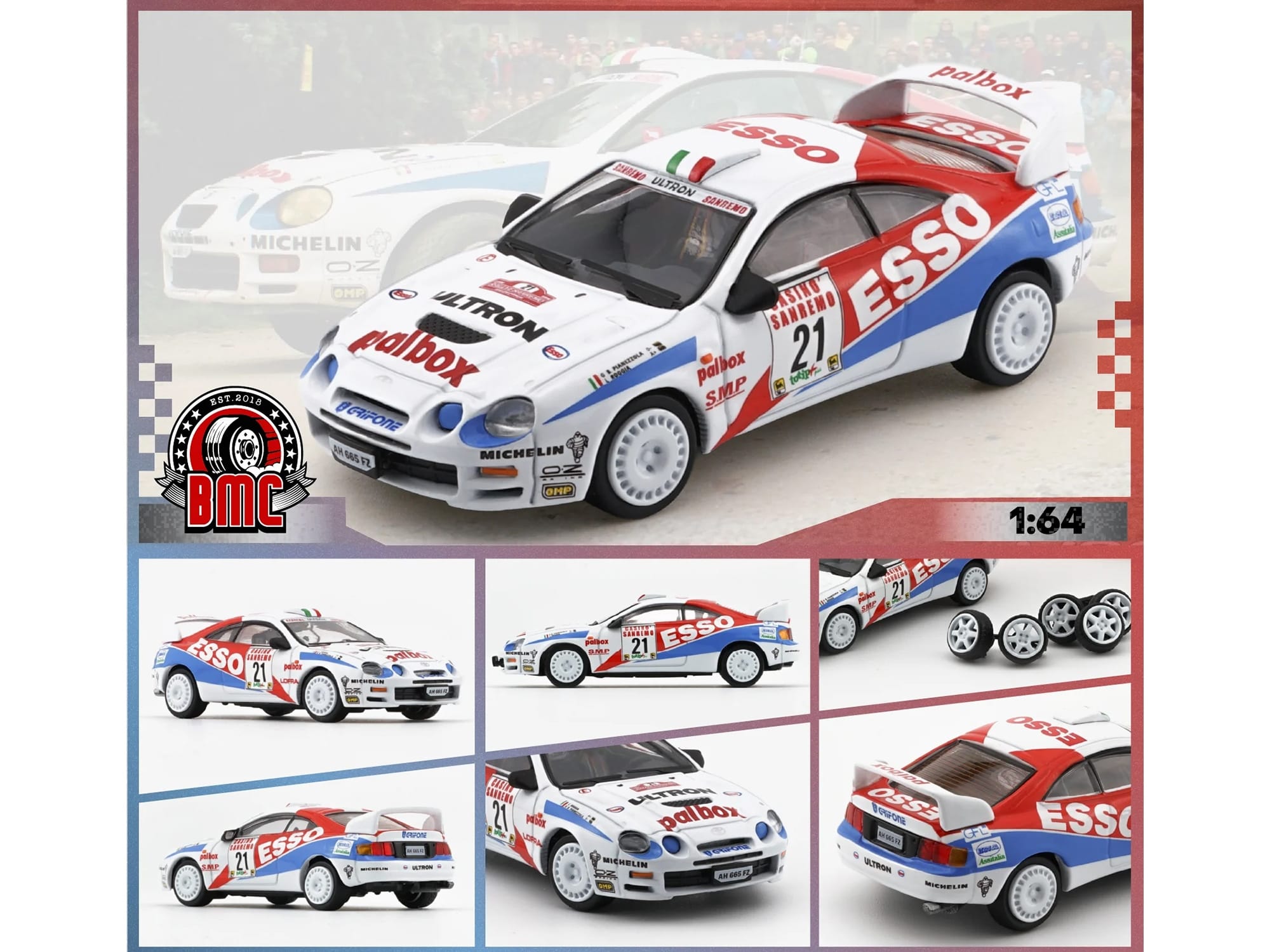 Toyota Celica GT-Four #21 Gilberto Pianezzola - Loris Roggia "Rallye Sanremo - Rallye d'Italia" (1996) with Extra Wheels 1/64 Diecast Model Car by BM Creations - Image 5