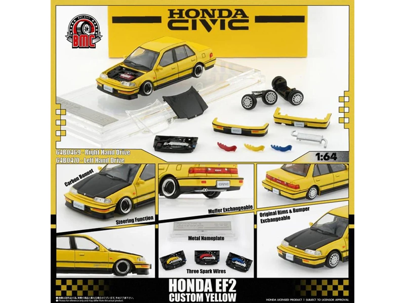 Honda Civic EF2 Custom Yellow with Alternate Parts 1/64 Diecast Model Car by BM Creations - Image 3