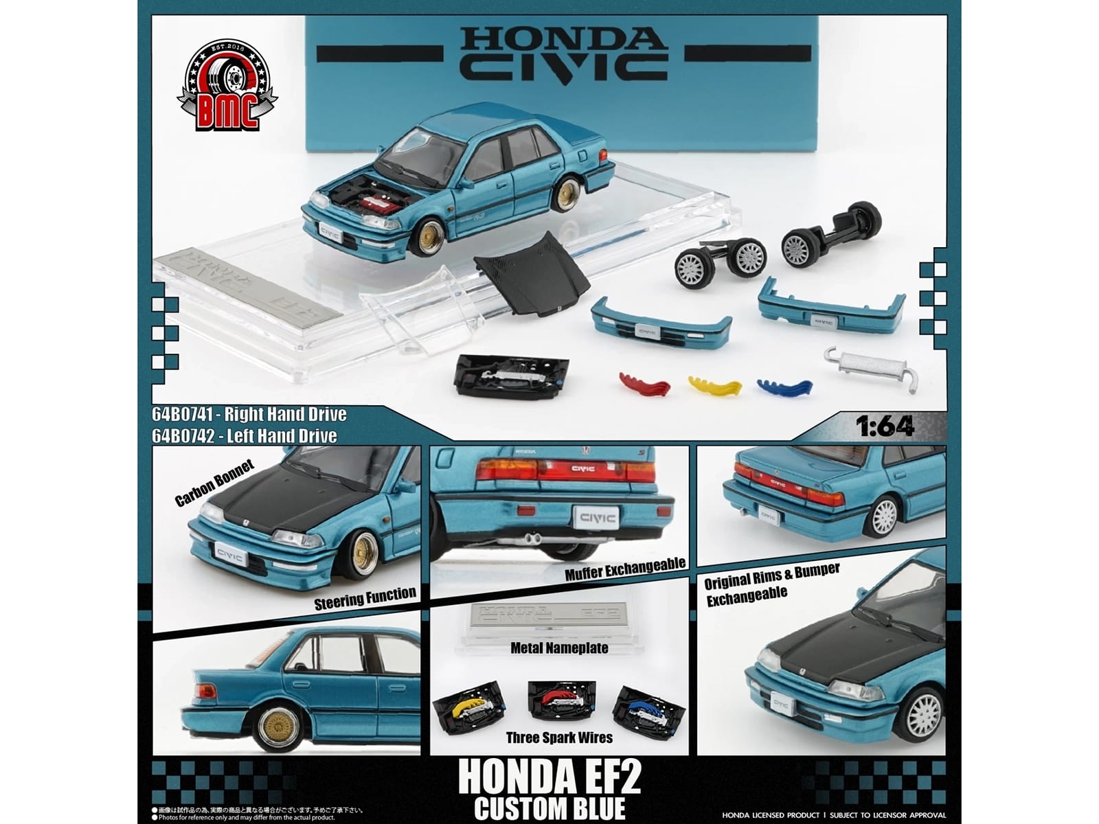Honda Civic EF2 Custom Blue Metallic with Alternate Parts 1/64 Diecast Model Car by BM Creations - Image 3