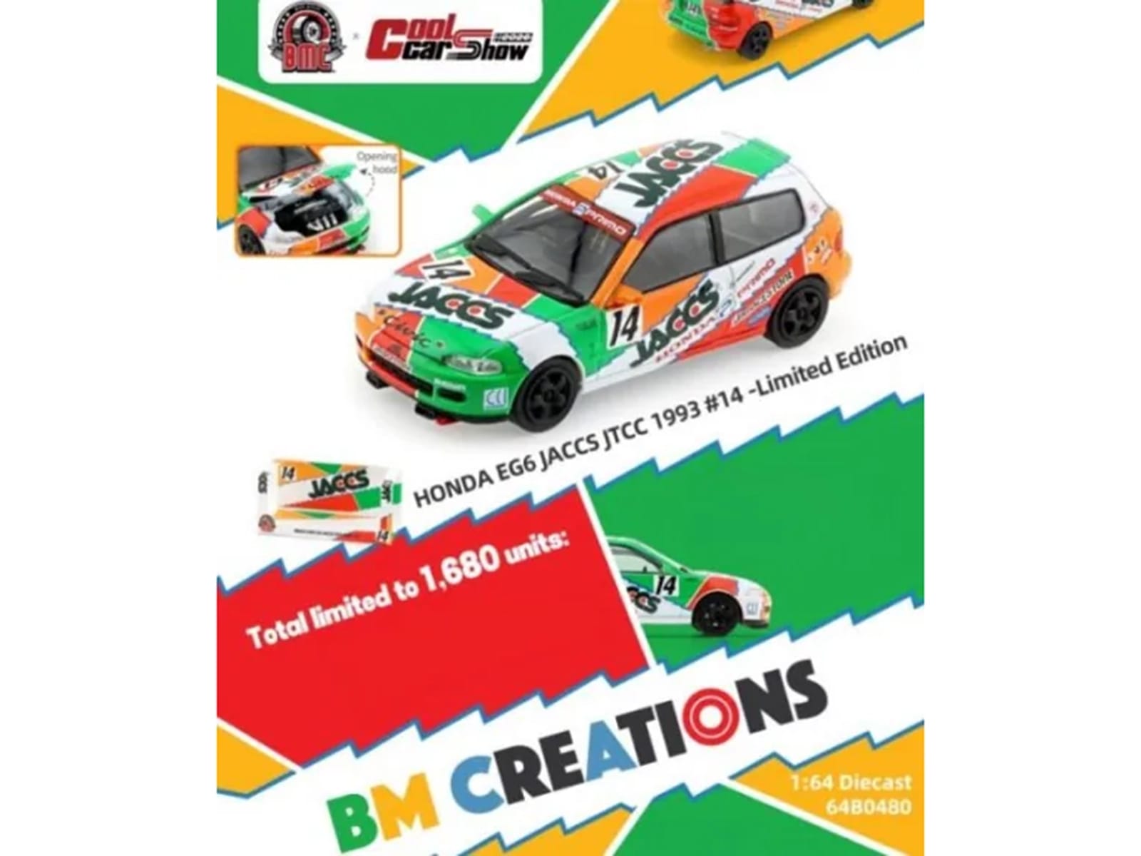 Honda Civic EG6 RHD (Right Hand Drive) #14 JACCS "Japanese Touring Car Championship" (1993) 1/64 Diecast Model Car by BM Creations - Image 6