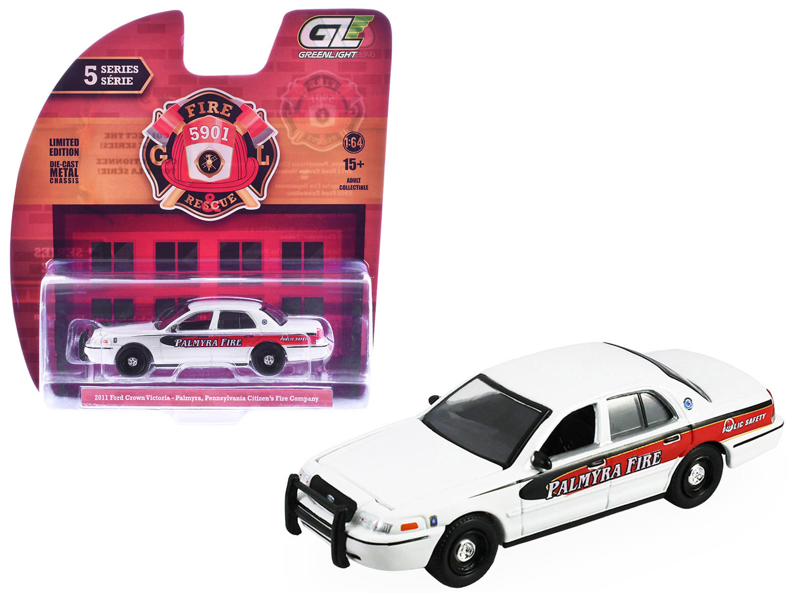 2011 Ford Crown Victoria "Palmyra Pennsylvania Citizen's Fire Company" White with Graphics "Fire & Rescue" Series #5 1/64 Diecast Model Car by Greenlight