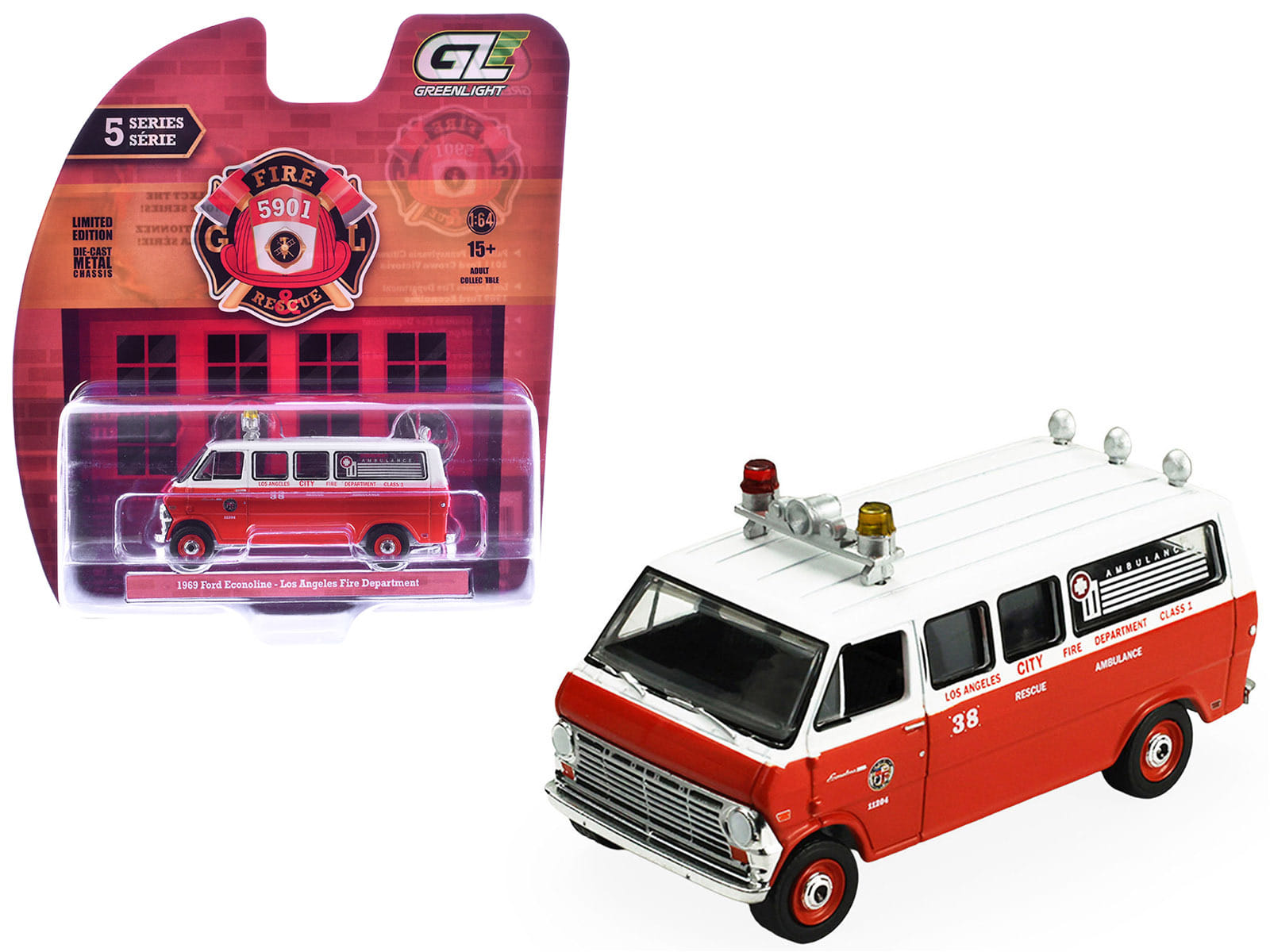 1969 Ford Econoline Ambulance "Los Angeles Fire Department" Red and White "Fire & Rescue" Series #5 1/64 Diecast Model Car by Greenlight