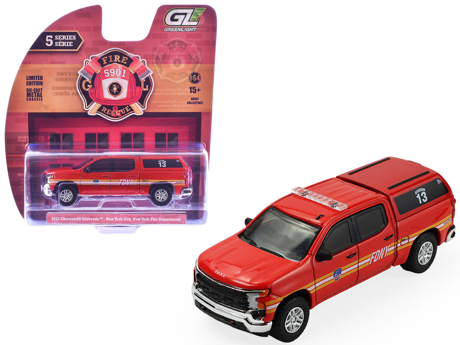 2023 Chevrolet Silverado Pickup Truck with Camper Shell "FDNY (New York City Fire Department)" Red with Stripes "Fire & Rescue" Series #5 1/64 Diecast Model Car by Greenlight