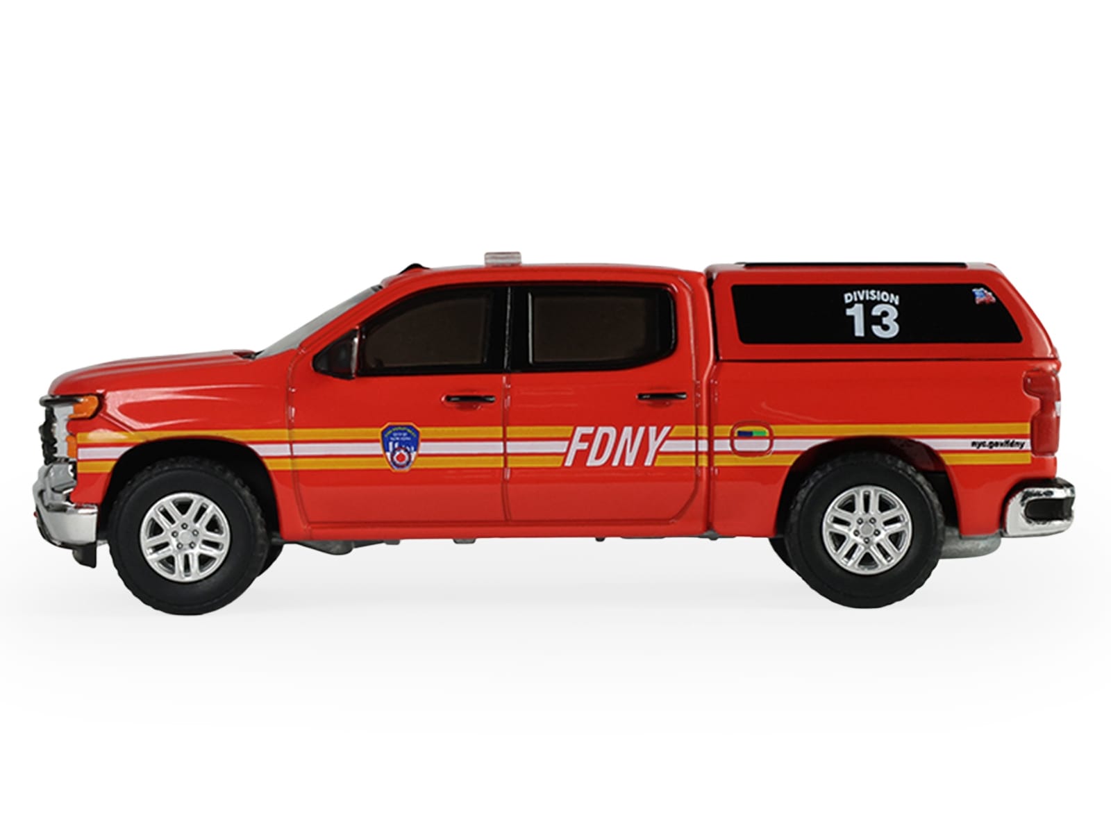 2023 Chevrolet Silverado Pickup Truck with Camper Shell "FDNY (New York City Fire Department)" Red with Stripes "Fire & Rescue" Series #5 1/64 Diecast Model Car by Greenlight - Image 3