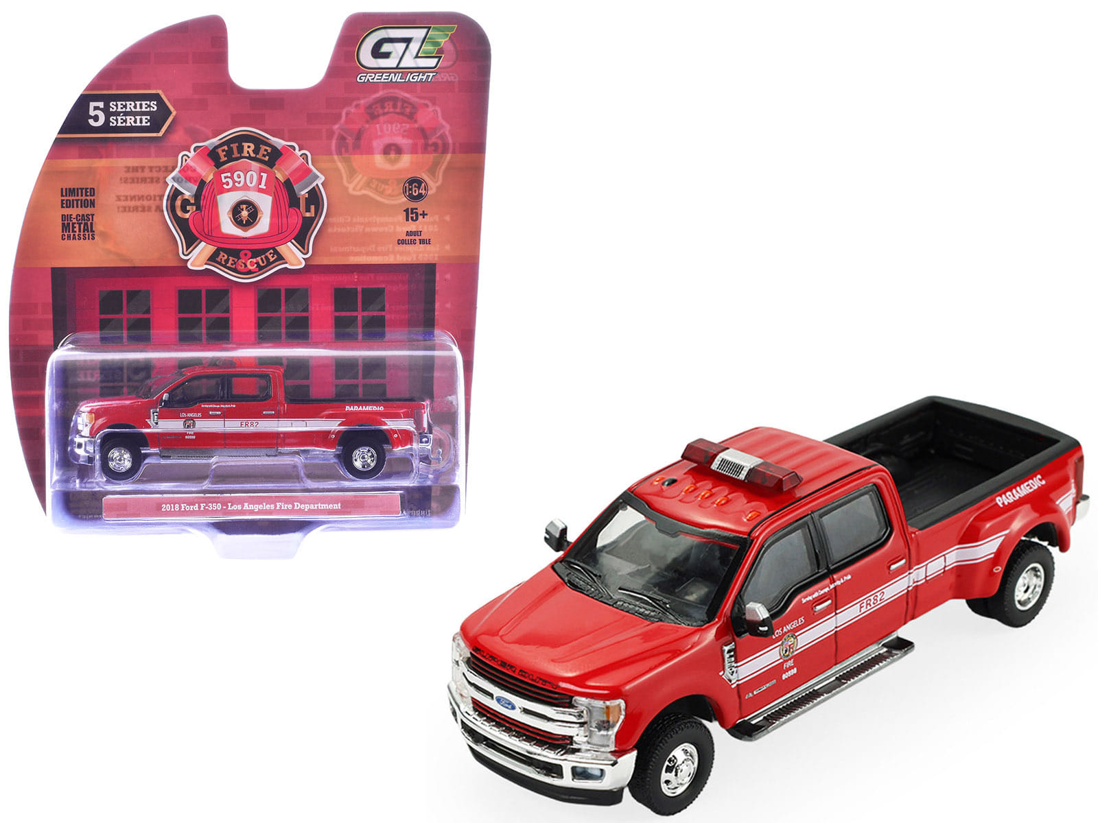 2018 Ford F-350 Pickup Truck "Los Angeles Fire Department" Red with White Stripes "Fire & Rescue" Series #5 1/64 Diecast Model Car by Greenlight