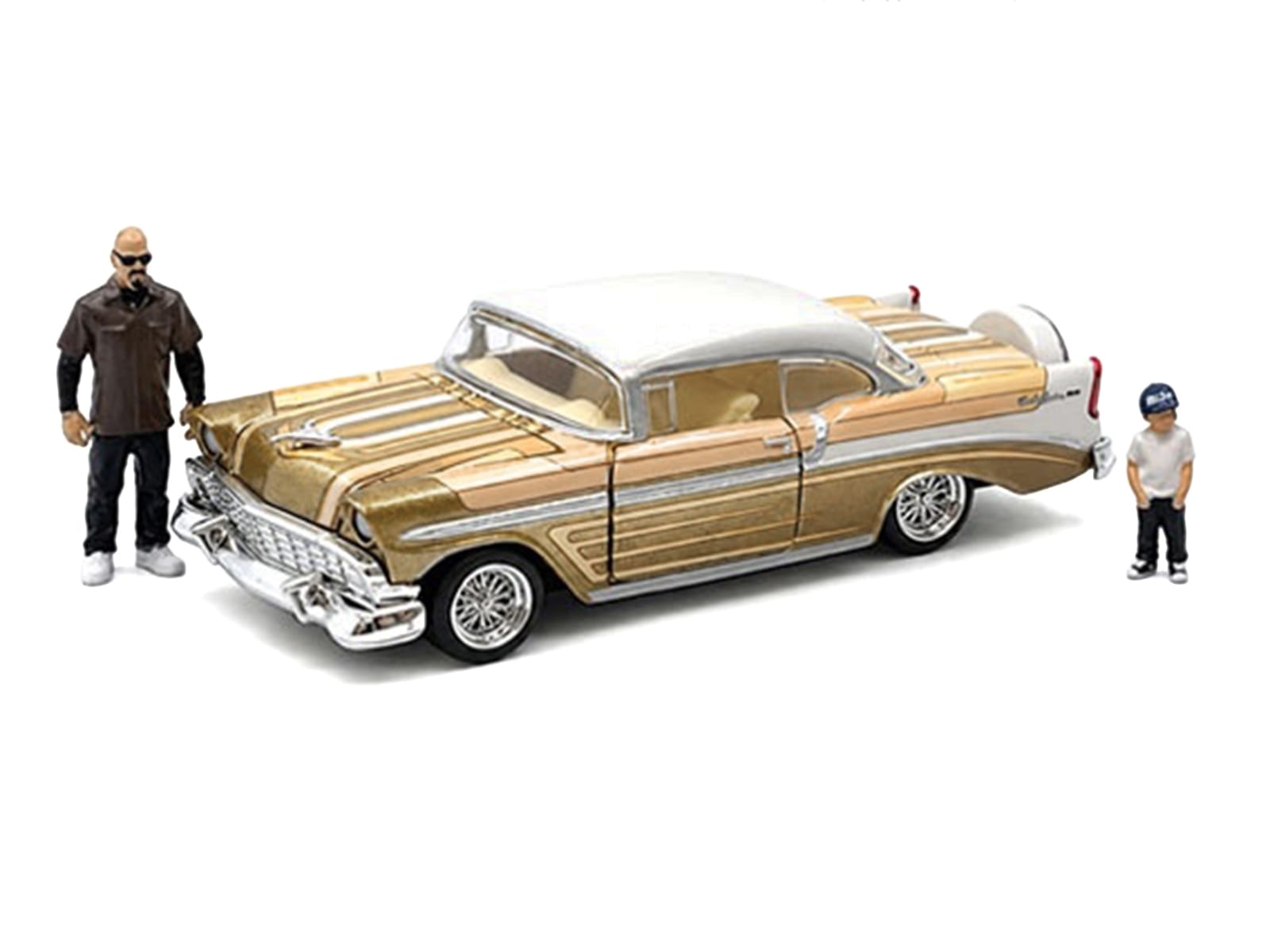 1956 Chevrolet Bel Air Lowrider Gold Metallic with Gold Interior and White Top with 2 Figures Limited Edition to 4400 pieces Worldwide 1/64 Diecast Model Car by M2 Machines - Image 2
