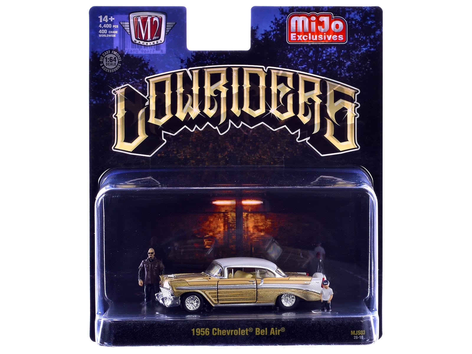 1956 Chevrolet Bel Air Lowrider Gold Metallic with Gold Interior and White Top with 2 Figures Limited Edition to 4400 pieces Worldwide 1/64 Diecast Model Car by M2 Machines - Image 3
