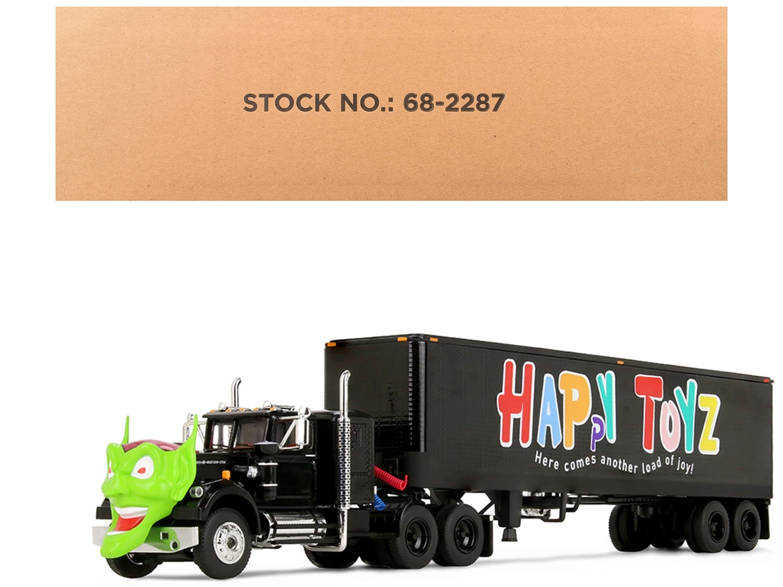 White Western Star 4800 with Green Goblin Head and 40' Vintage Trailer Black with Graphics "Maximum Overdrive" (1986) Movie 40th Anniversary 1/64 Diecast Model by DCP/First Gear