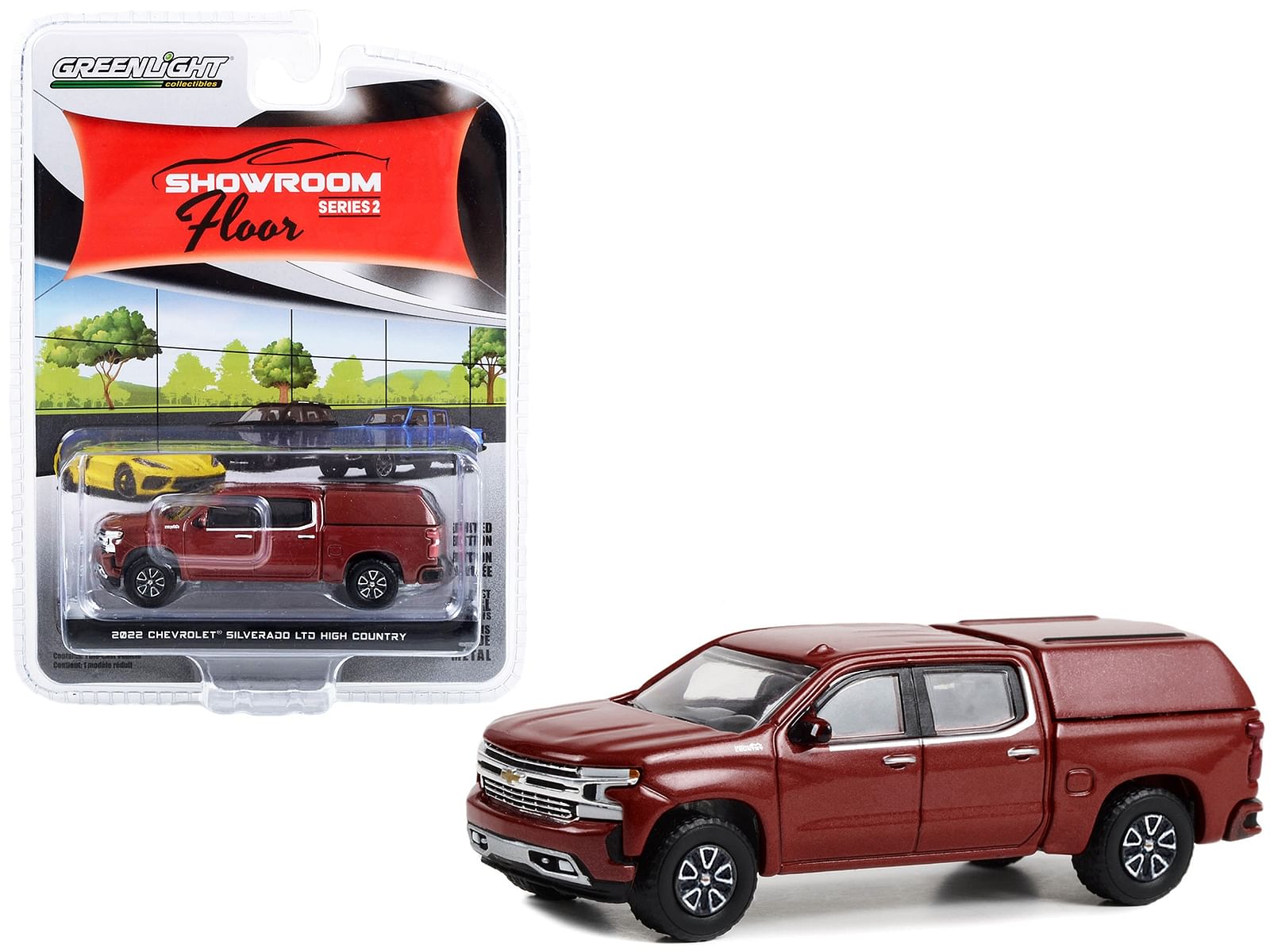 2022 Chevrolet Silverado LTD High Country Pickup Truck with Camper Shell Cherry Red Metallic “Showroom Floor” Series 2 1/64 Diecast Model Car by Greenlight