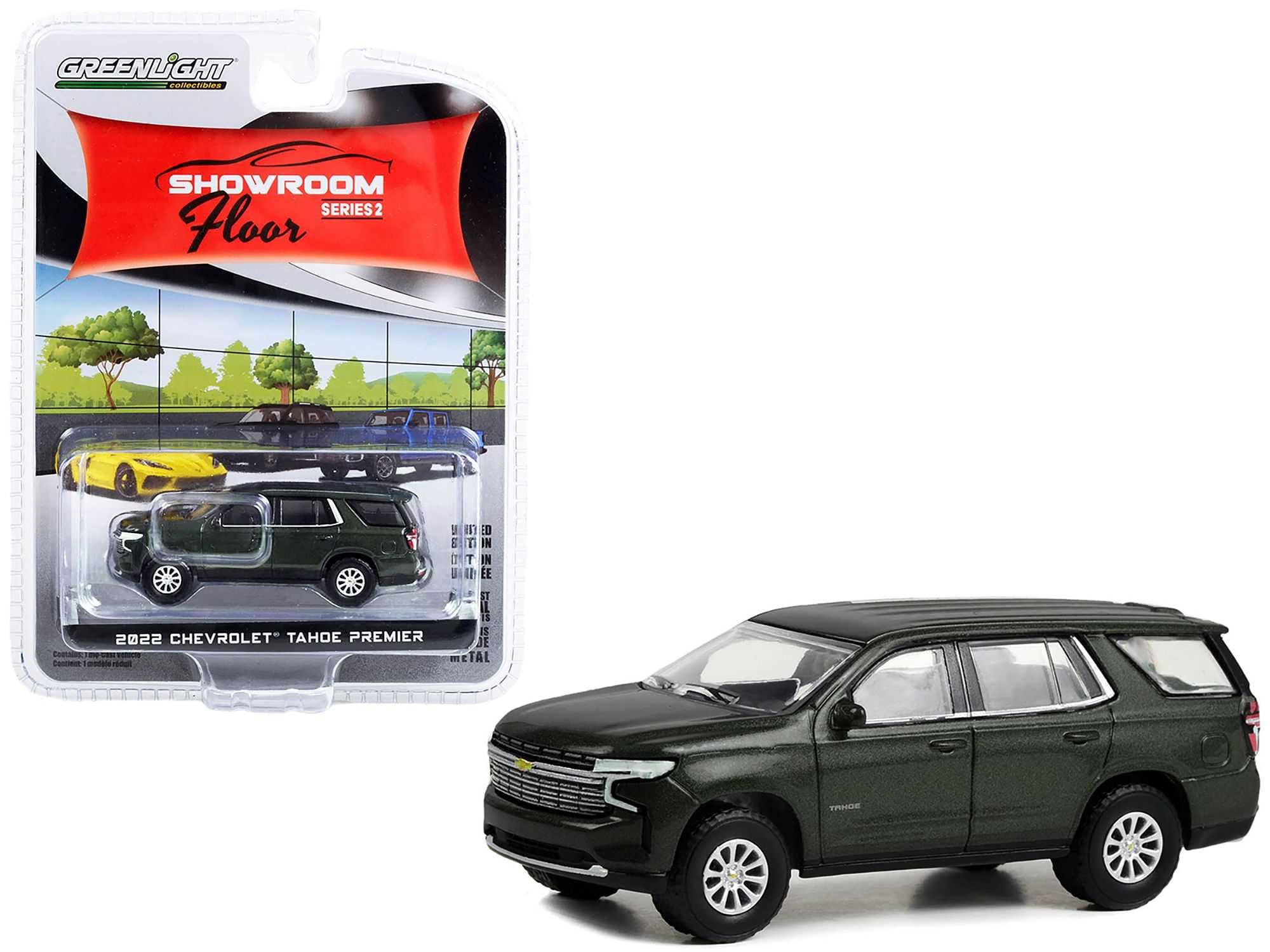 2022 Chevrolet Tahoe Premier Evergreen Gray Metallic “Showroom Floor” Series 2 1/64 Diecast Model Car by Greenlight