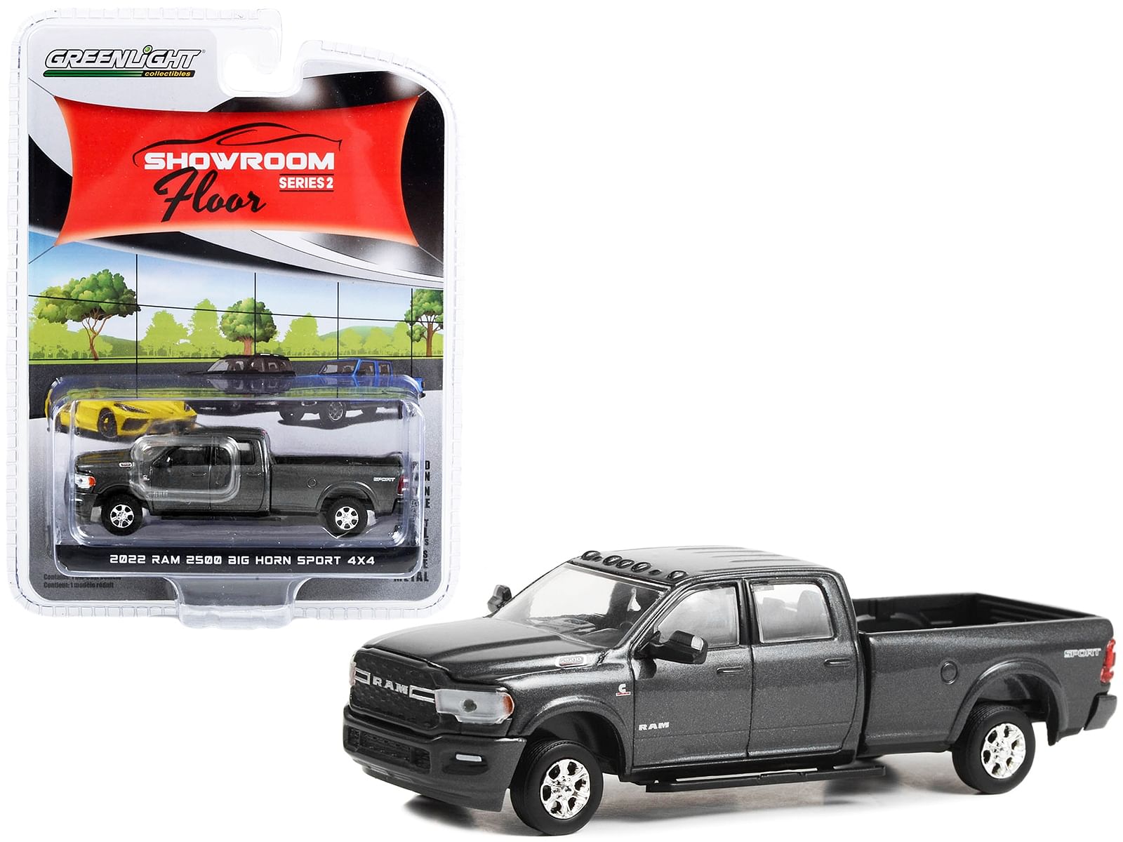 2022 RAM 2500 Big Horn Sport 4X4 Pickup Truck Granite Crystal Gray Metallic “Showroom Floor” Series 2 1/64 Diecast Model Car by Greenlight