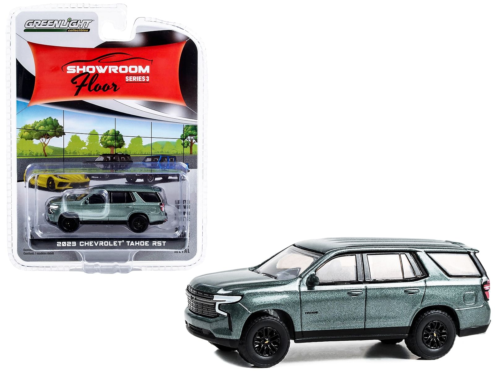 2023 Chevrolet Tahoe RST Silver Sage Metallic “Showroom Floor” Series 3 1/64 Diecast Model Car by Greenlight