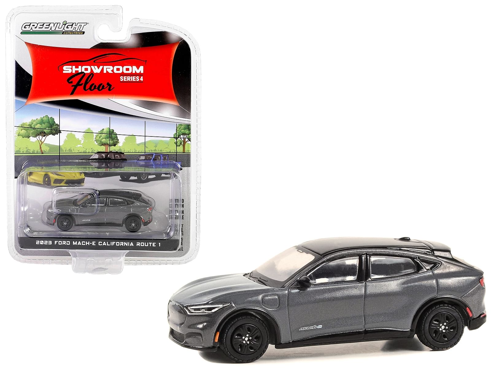 2023 Ford Mustang Mach-E California Route 1 Carbonized Gray Metallic with Black Top “Showroom Floor” Series 4 1/64 Diecast Model Car by Greenlight