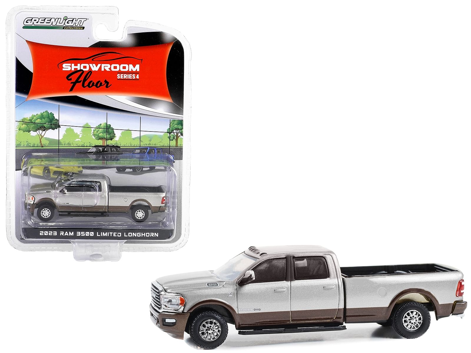 2023 Ram 3500 Limited Longhorn Pickup Truck Billet Silver Metallic and Walnut Brown Metallic “Showroom Floor” Series 4 1/64 Diecast Model Car by Greenlight