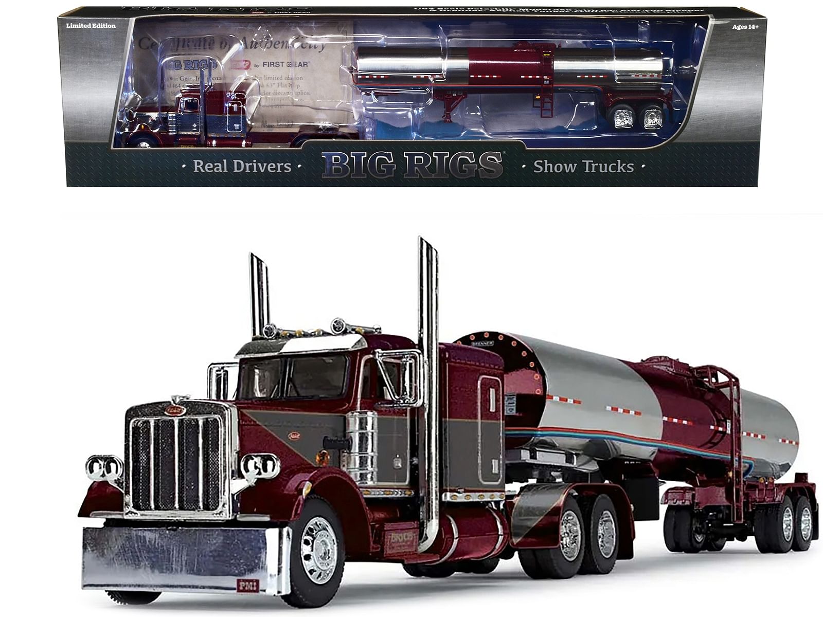 Peterbilt Model 359 with 63″ Flat Top Sleeper & Brenner Tank Trailer Purple 1/64 Diecast Model by DCP/First Gear