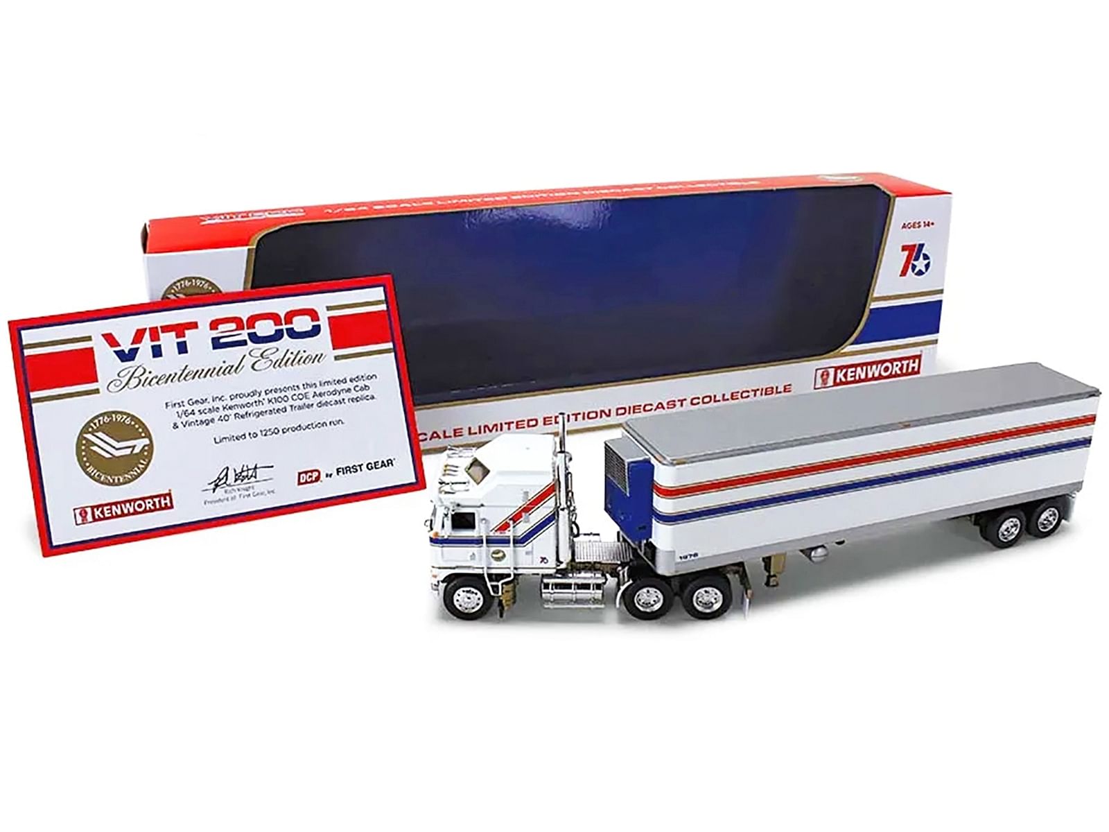 Kenworth K100 COE Aerodyne Sleeper and 40′ Vintage Refrigerated Tandem-Axle Trailer White with Stripes “VIT200 Bicentennial” 1/64 Diecast Model by DCP/First Gear