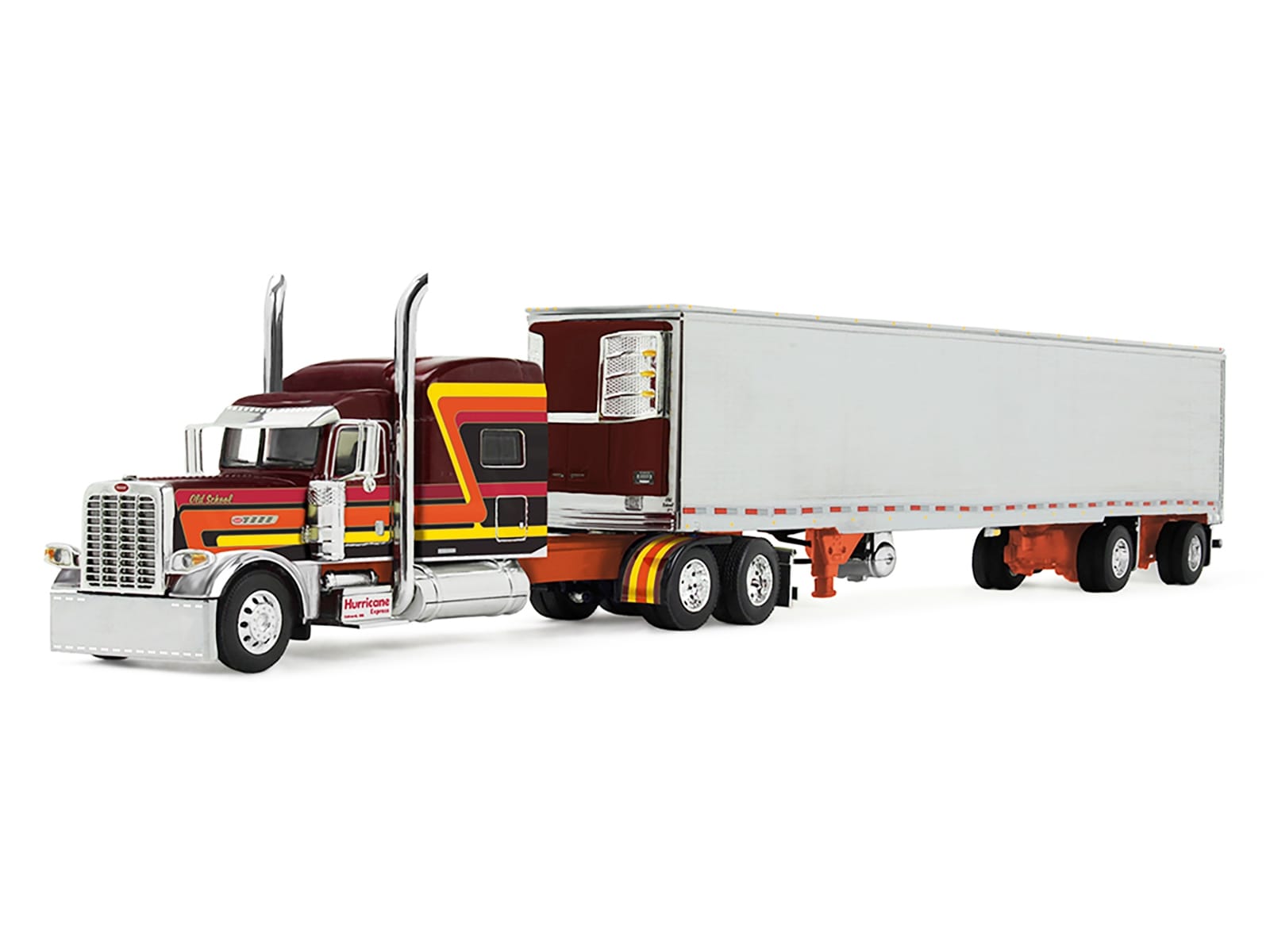 Peterbilt 389 Pride-N-Class with 70" Mid-Roof Sleeper and 53' Utility Trailer with Reefer "Hurricane Express" Brown with Stripes "Big Rigs" Series II #4 1/64 Diecast Model by DCP/First Gear - Image 2