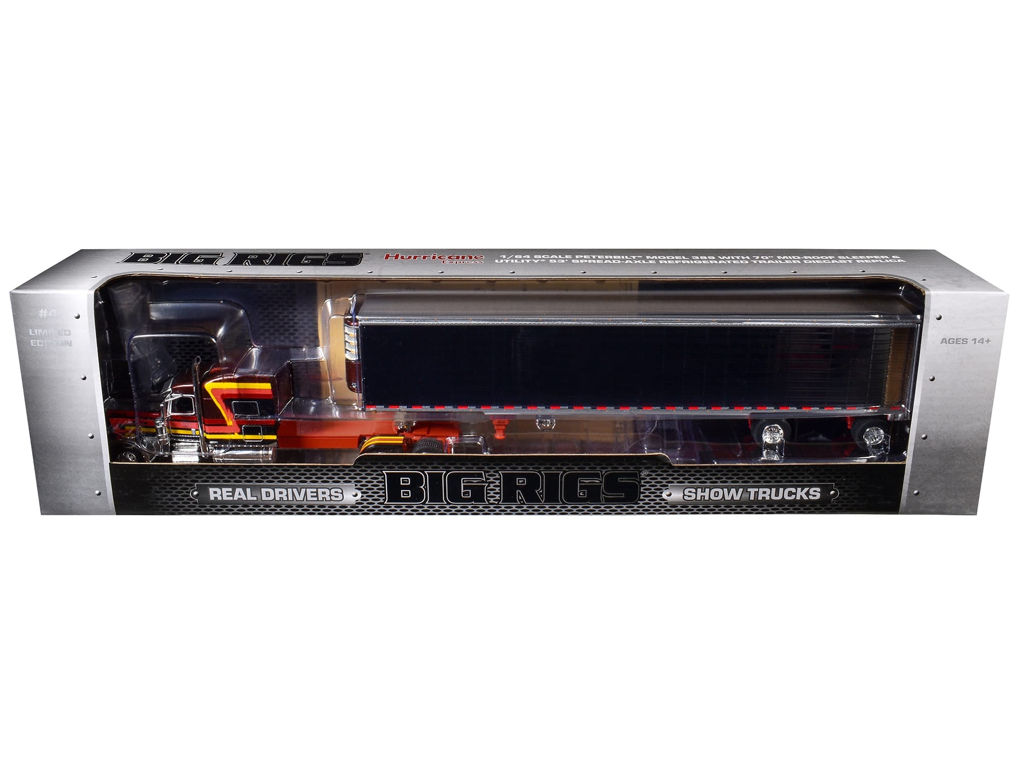 Peterbilt 389 Pride-N-Class with 70" Mid-Roof Sleeper and 53' Utility Trailer with Reefer "Hurricane Express" Brown with Stripes "Big Rigs" Series II #4 1/64 Diecast Model by DCP/First Gear - Image 3