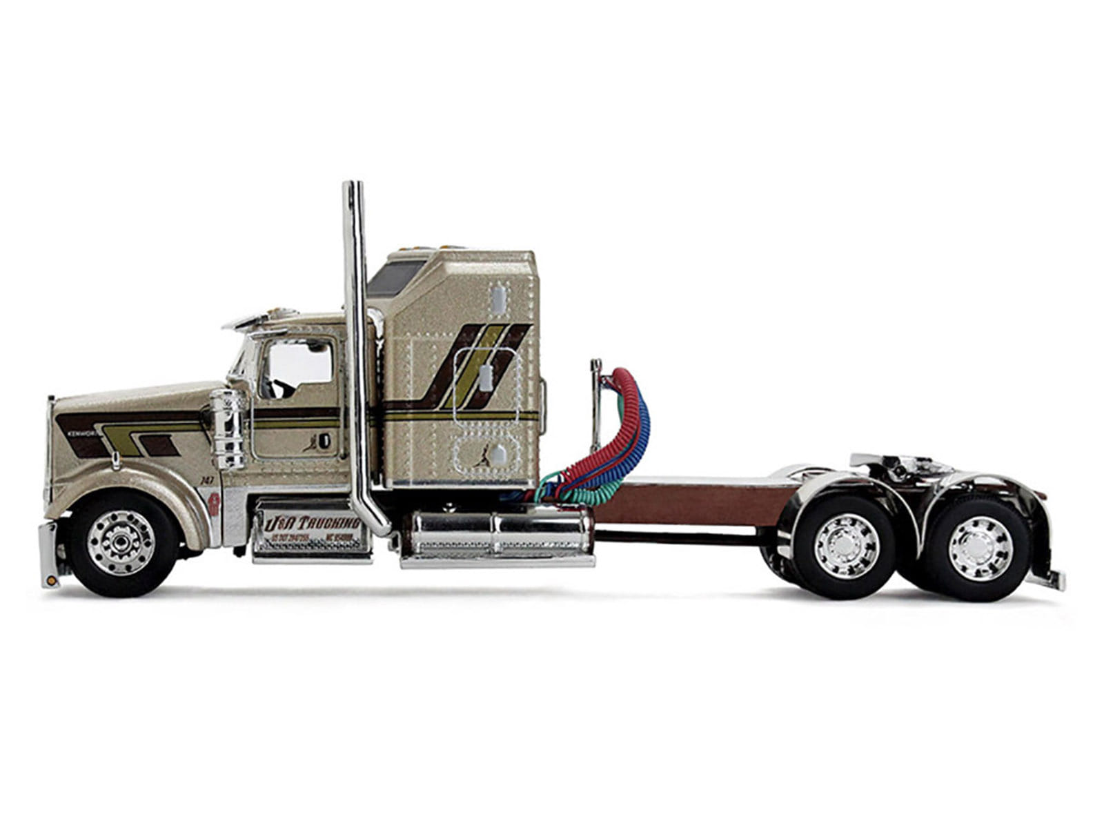 Kenworth W900L with 60" Aerodyne Sleeper and 40' Vintage Trailer "Red's Favorites - Jason Sanders" Beige with Stripes 1/64 Diecast Model by DCP/First Gear - Image 3