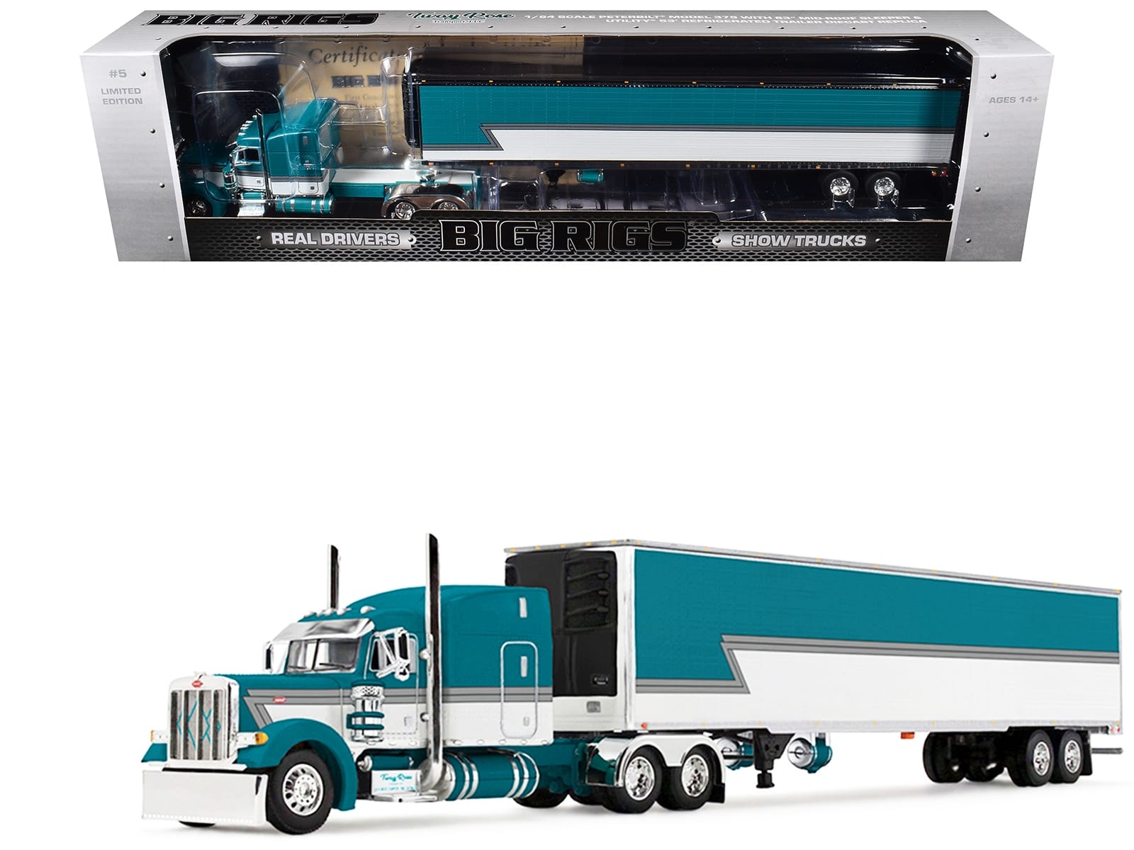 Peterbilt 379 with 63" Mid-Roof Sleeper and 53' Utility Trailer with Reefer "Tway Rose Transport" Teal and White with Stripes "Big Rigs" Series II #5 1/64 Diecast Model by DCP/First Gear