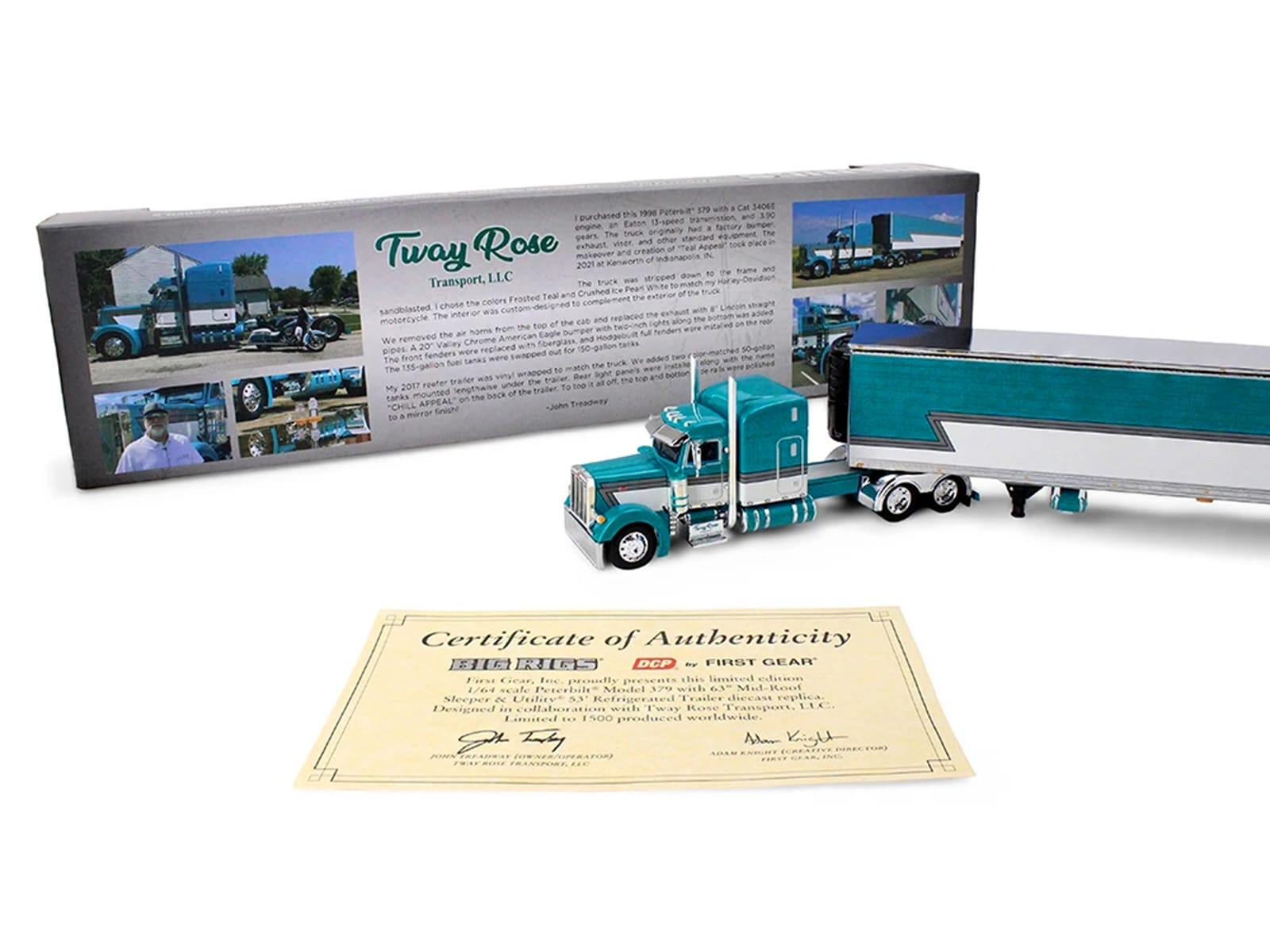 Peterbilt 379 with 63" Mid-Roof Sleeper and 53' Utility Trailer with Reefer "Tway Rose Transport" Teal and White with Stripes "Big Rigs" Series II #5 1/64 Diecast Model by DCP/First Gear - Image 4