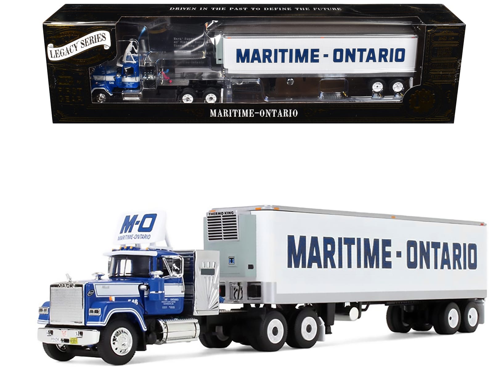 Mack Super-Liner with 36" Vintage Sleeper and 40' Vintage Trailer with Reefer "Maritime-Ontario" Blue with White Stripes "Legacy" Series #4 1/64 Diecast Model by DCP/First Gear
