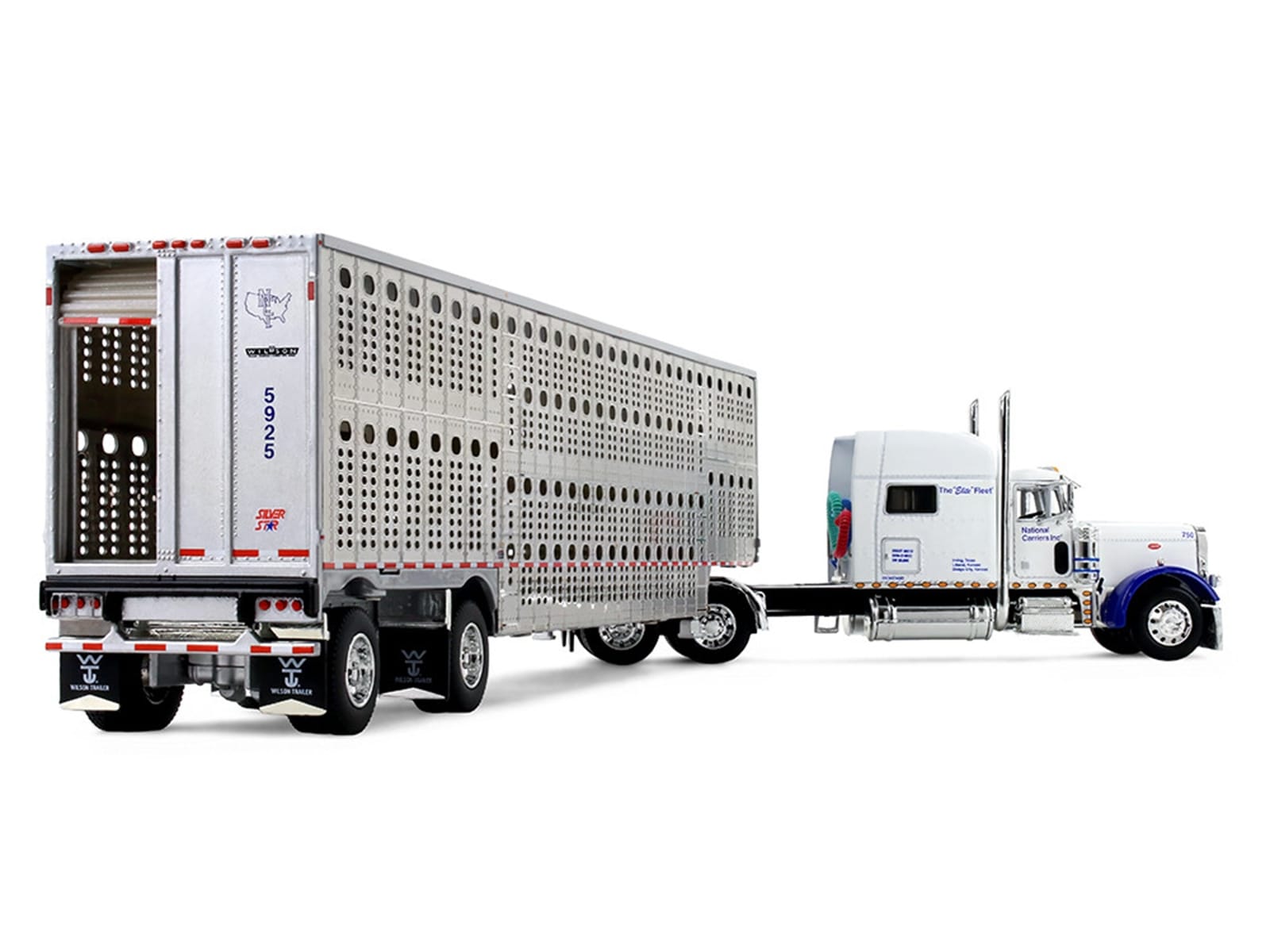 Peterbilt 379 with 70" Mid-Roof Sleeper and Wilson Silverstar Livestock Trailer "National Carriers" White "Legacy Series #5" 1/64 Diecast Model by DCP/First Gear - Image 3