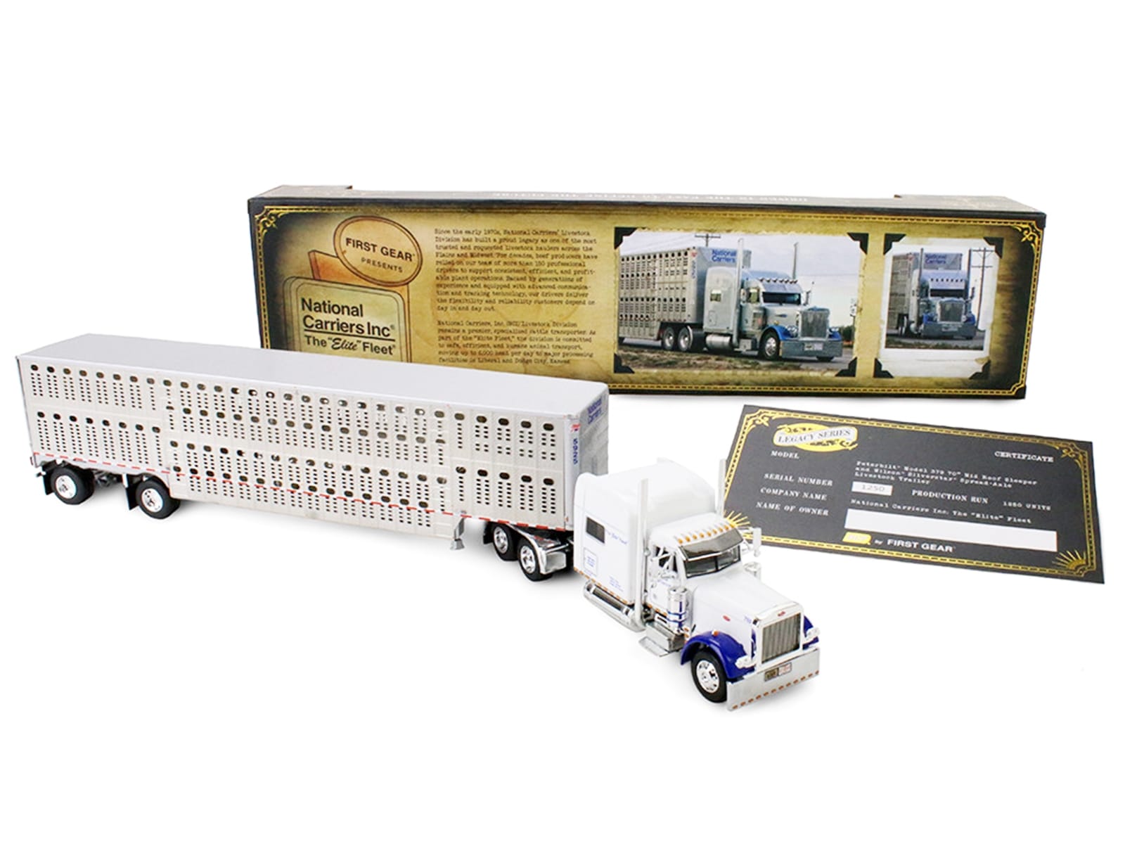 Peterbilt 379 with 70" Mid-Roof Sleeper and Wilson Silverstar Livestock Trailer "National Carriers" White "Legacy Series #5" 1/64 Diecast Model by DCP/First Gear - Image 5