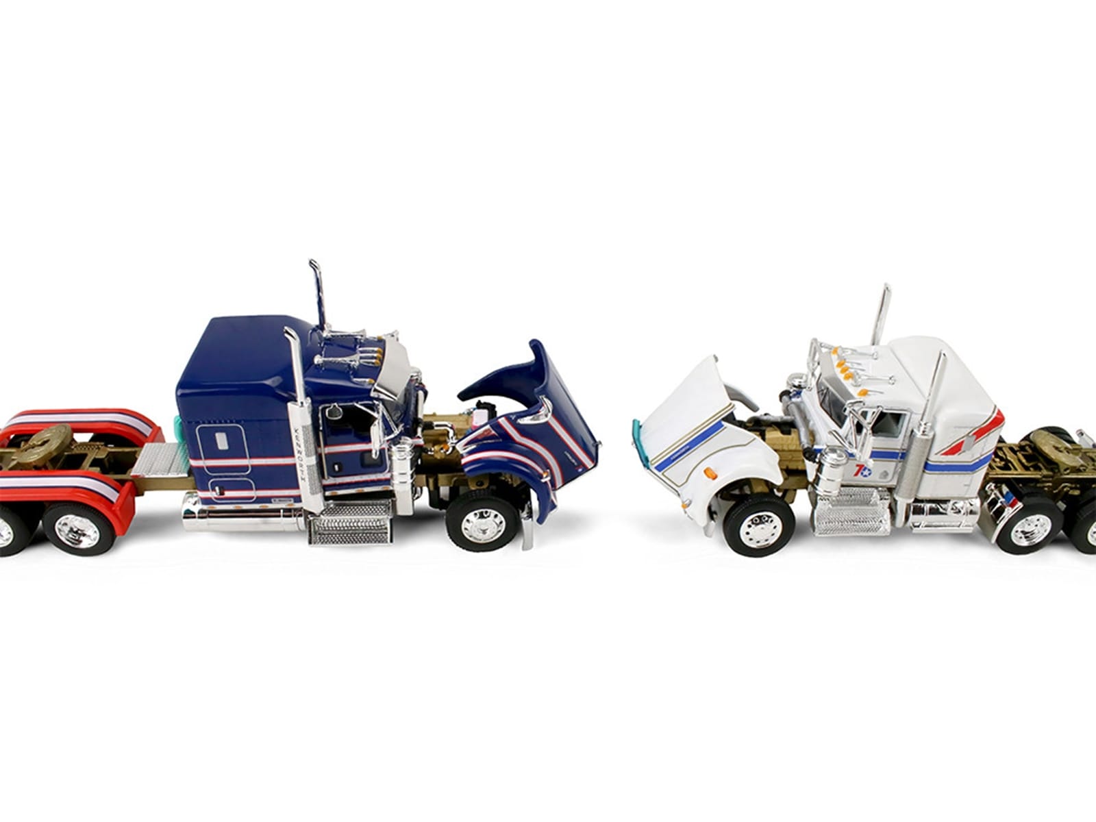 Kenworth W900L with 72" Aerocab Flat Top Sleeper Blue with White Stripes and Fontaine Magnitude Lowboy Trailer with Kenworth W900A Load White with Blue and Red Stripes "America 250" 1/64 Diecast Model by DCP/First Gear - Image 2