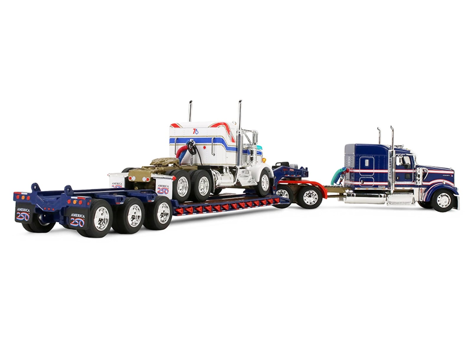 Kenworth W900L with 72" Aerocab Flat Top Sleeper Blue with White Stripes and Fontaine Magnitude Lowboy Trailer with Kenworth W900A Load White with Blue and Red Stripes "America 250" 1/64 Diecast Model by DCP/First Gear - Image 3