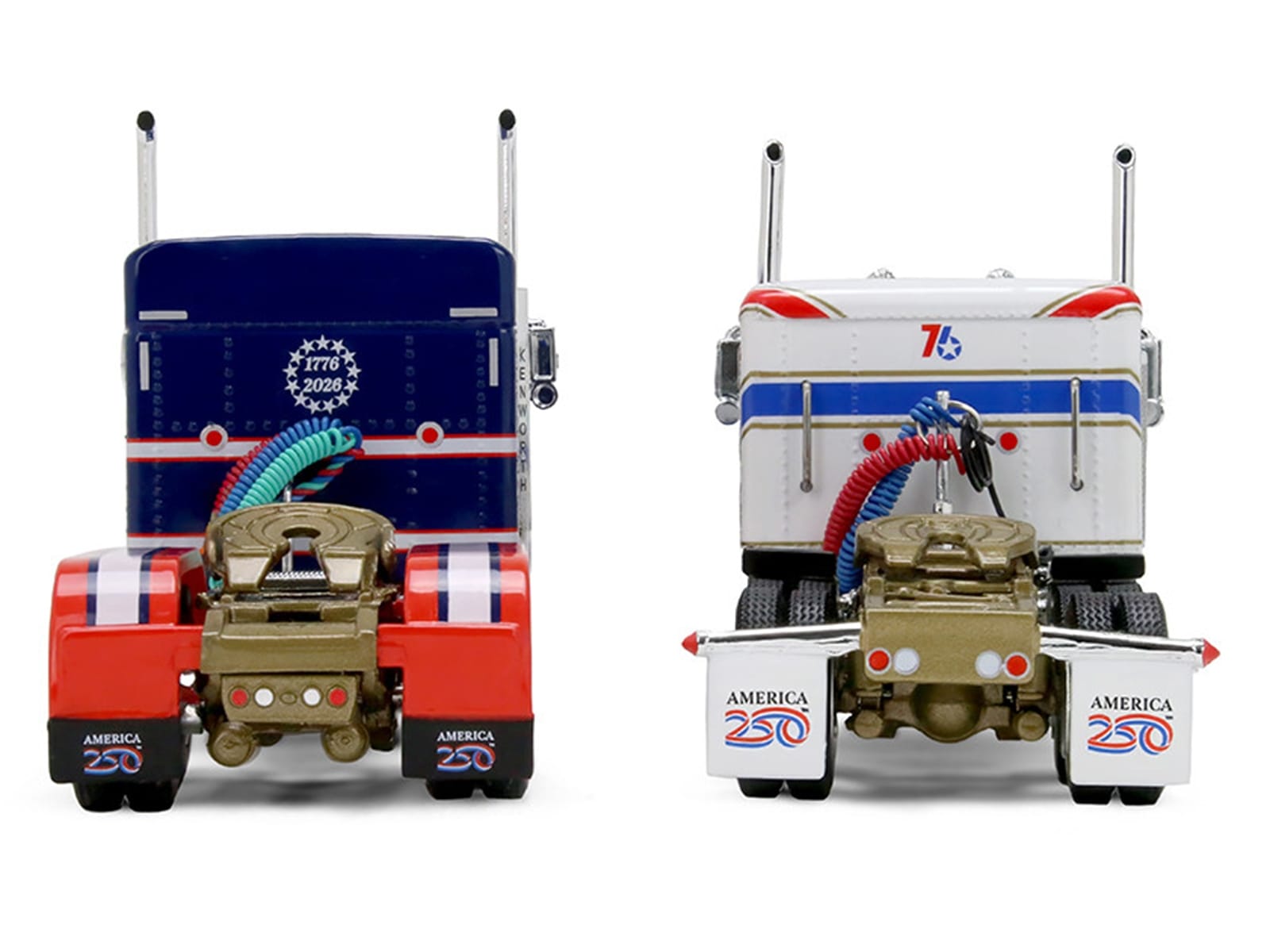 Kenworth W900L with 72" Aerocab Flat Top Sleeper Blue with White Stripes and Fontaine Magnitude Lowboy Trailer with Kenworth W900A Load White with Blue and Red Stripes "America 250" 1/64 Diecast Model by DCP/First Gear - Image 4