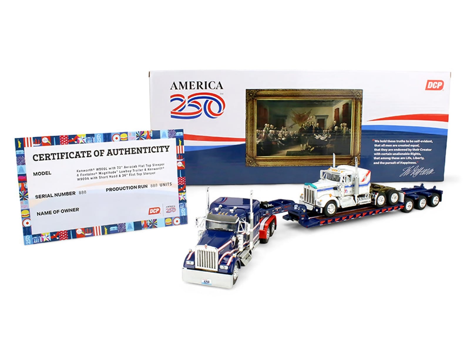 Kenworth W900L with 72" Aerocab Flat Top Sleeper Blue with White Stripes and Fontaine Magnitude Lowboy Trailer with Kenworth W900A Load White with Blue and Red Stripes "America 250" 1/64 Diecast Model by DCP/First Gear - Image 5