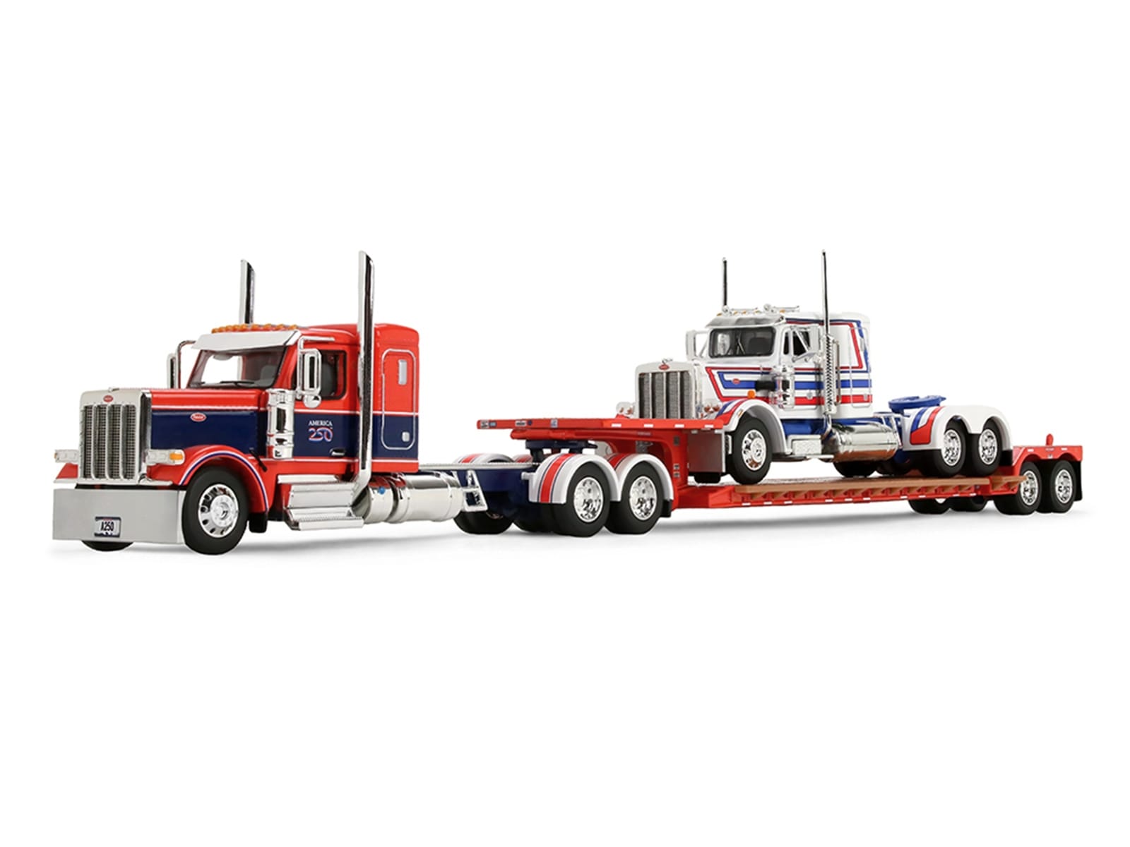 Peterbilt 589 with 44" Flat Top Sleeper Red with Blue Stripes and Fontaine Renegade LXT40 Lowboy Trailer with Peterbilt 359 Load White with Blue and Red Stripes "America 250" 1/64 Diecast Model by DCP/First Gear - Image 2
