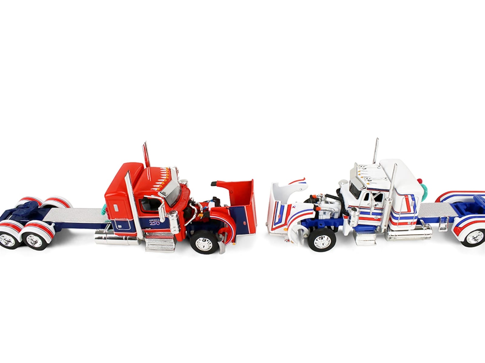 Peterbilt 589 with 44" Flat Top Sleeper Red with Blue Stripes and Fontaine Renegade LXT40 Lowboy Trailer with Peterbilt 359 Load White with Blue and Red Stripes "America 250" 1/64 Diecast Model by DCP/First Gear - Image 3