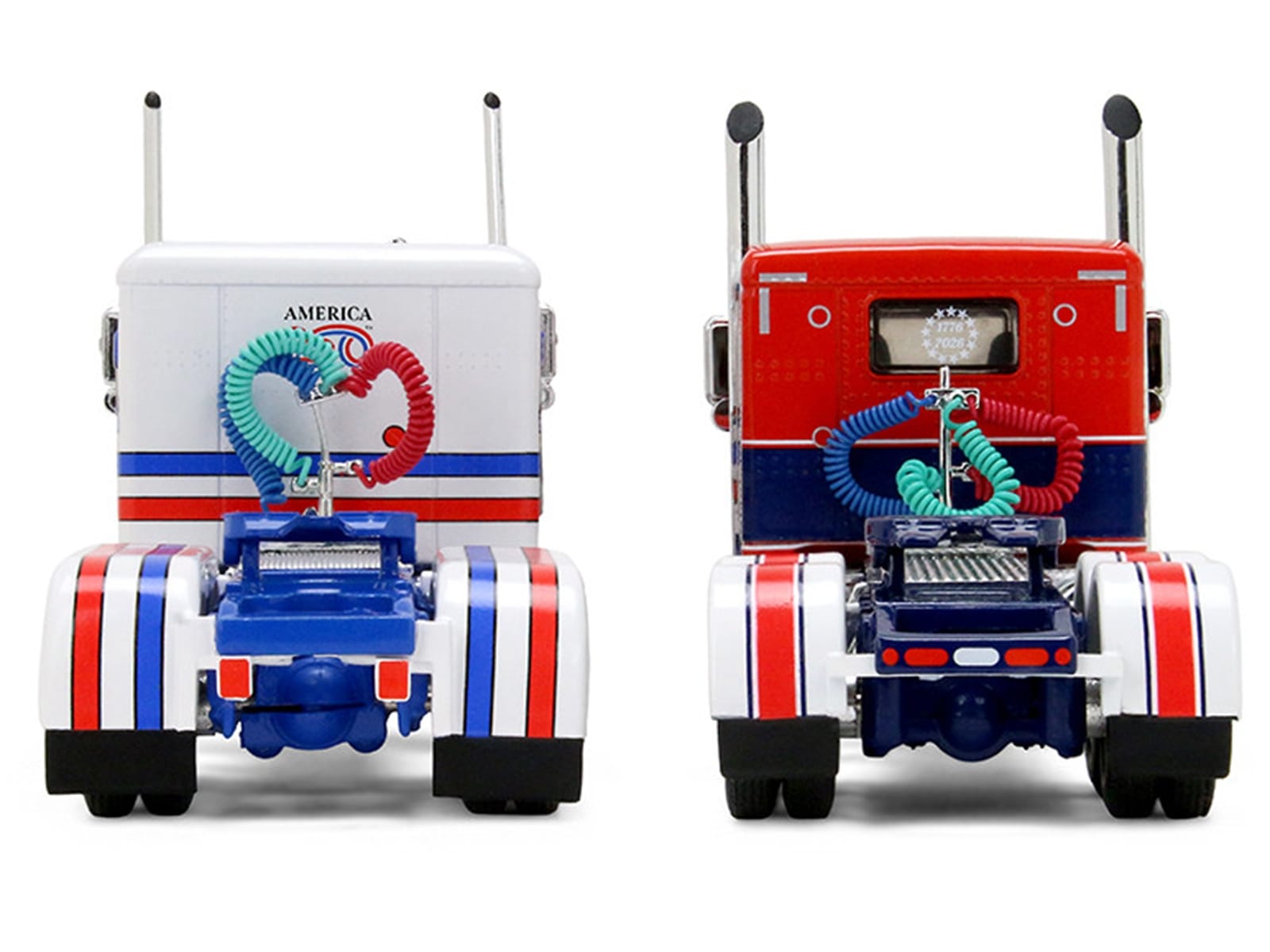 Peterbilt 589 with 44" Flat Top Sleeper Red with Blue Stripes and Fontaine Renegade LXT40 Lowboy Trailer with Peterbilt 359 Load White with Blue and Red Stripes "America 250" 1/64 Diecast Model by DCP/First Gear - Image 4