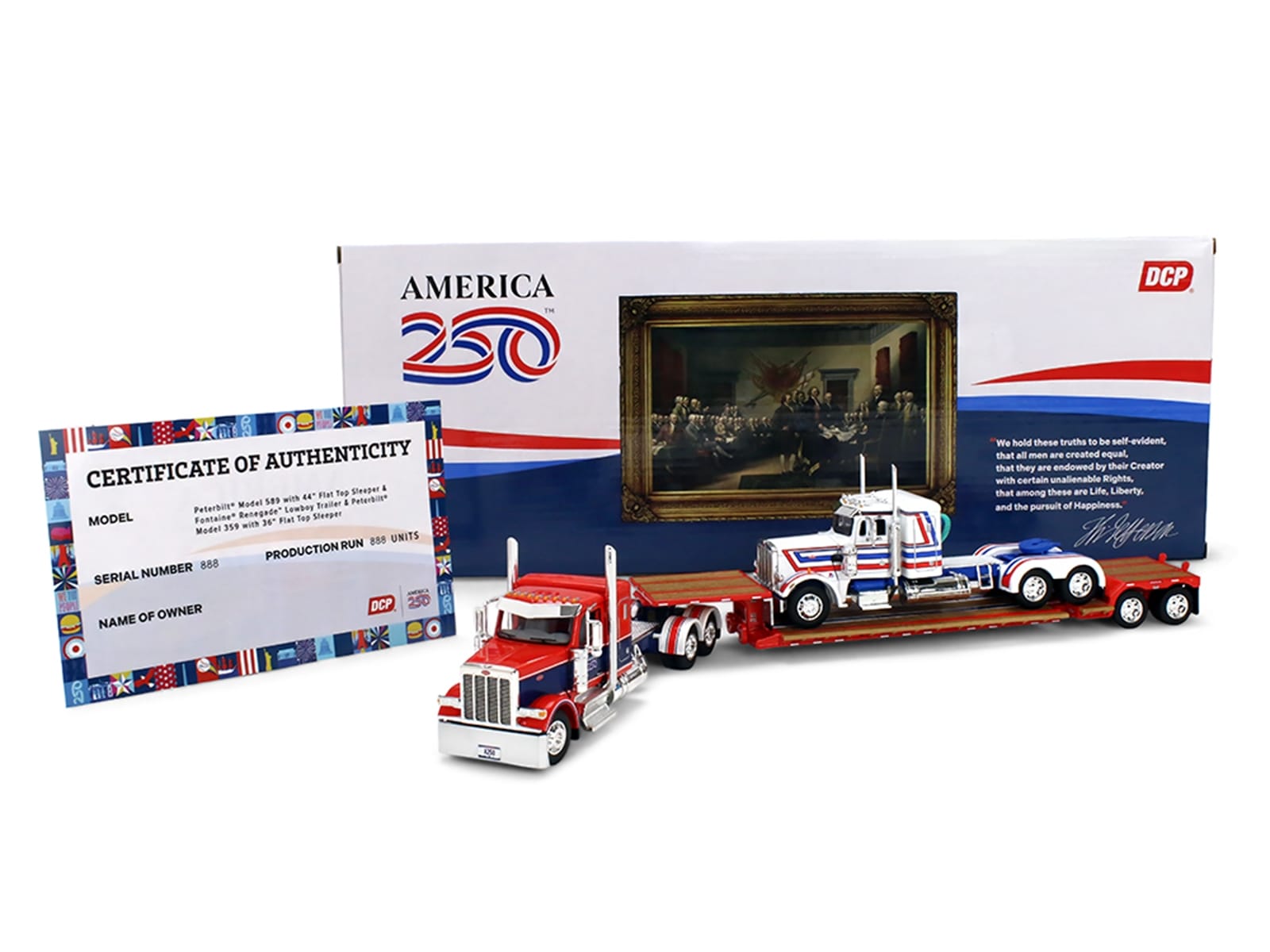 Peterbilt 589 with 44" Flat Top Sleeper Red with Blue Stripes and Fontaine Renegade LXT40 Lowboy Trailer with Peterbilt 359 Load White with Blue and Red Stripes "America 250" 1/64 Diecast Model by DCP/First Gear - Image 5
