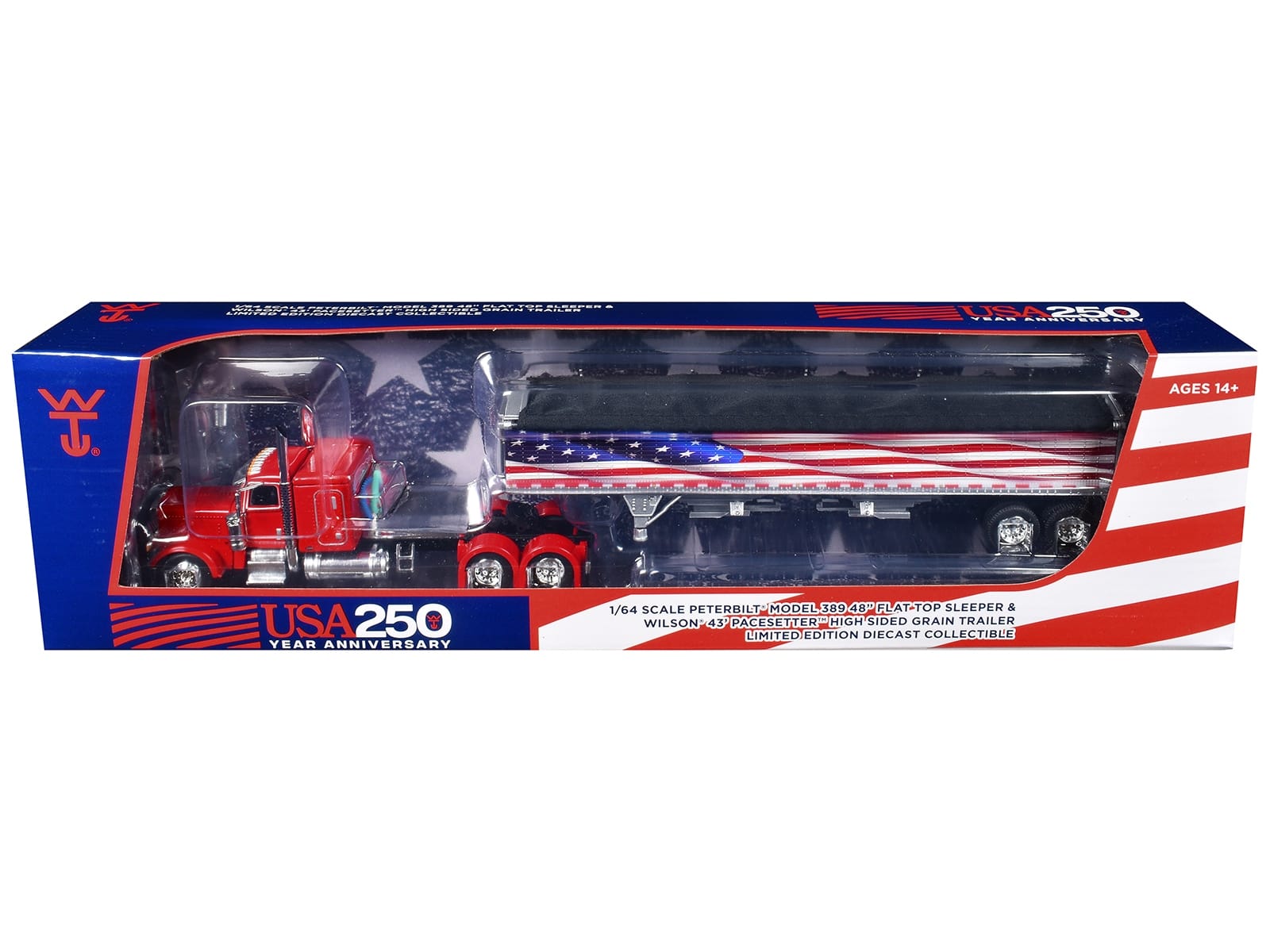 Peterbilt 389 with 48" Flat Top Sleeper and 43' Wilson Pacesetter High Side Grain Trailer "Wilson USA 250" Red 1/64 Diecast Model by DCP/First Gear - Image 3