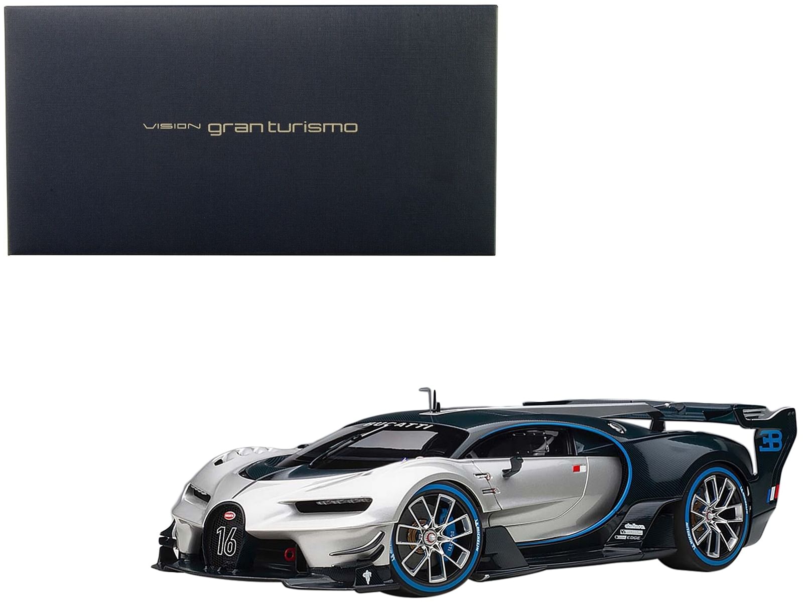 Bugatti Vision Gran Turismo “16” Argent Silver and Blue Carbon Fiber 1/18 Model Car by Autoart