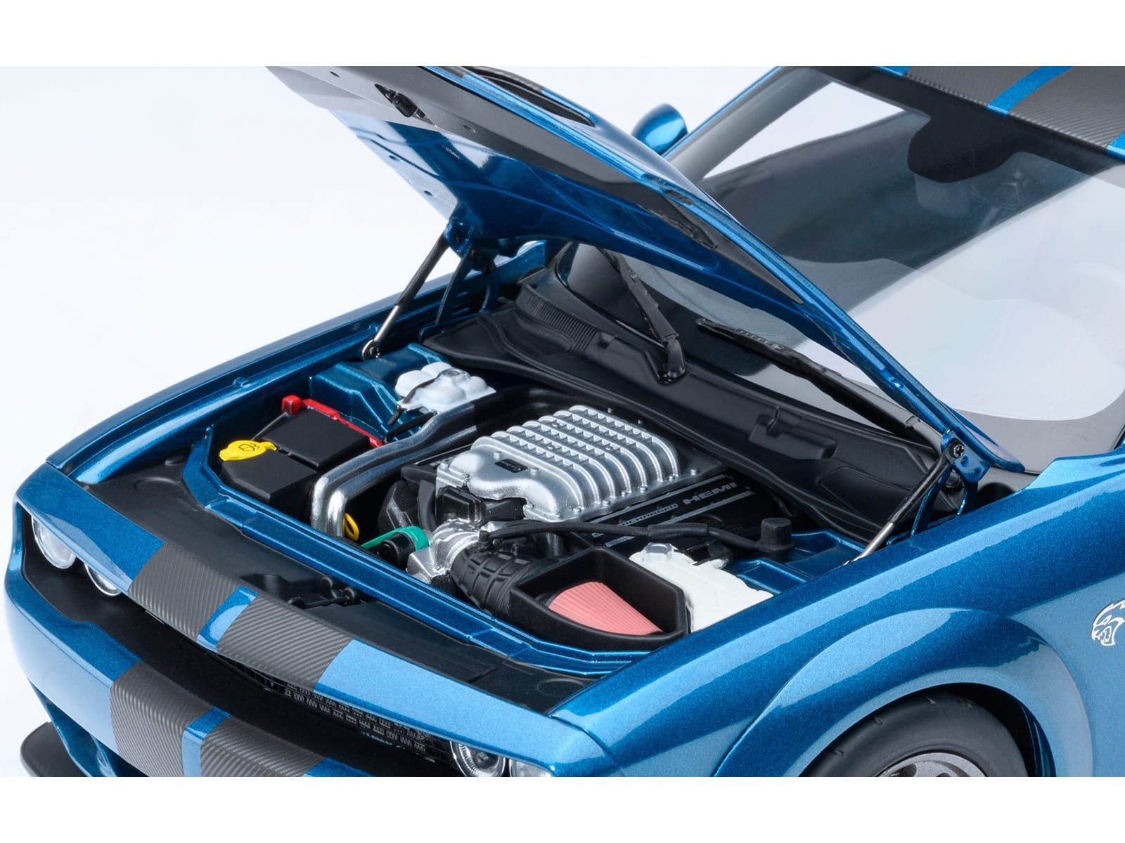2023 Dodge Challenger SRT Super Stock Frostbite Blue Metallic with Carbon Stripes 1/18 Model Car by Autoart - Image 3
