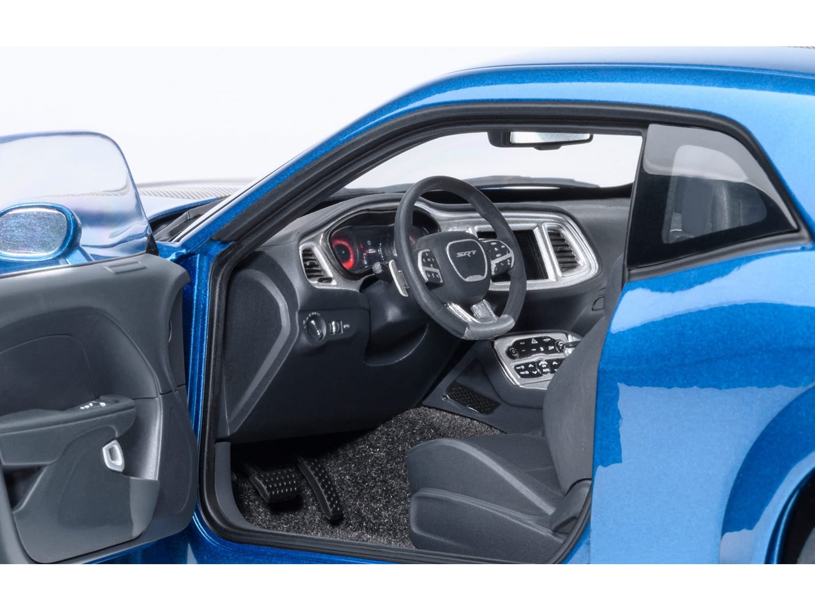2023 Dodge Challenger SRT Super Stock Frostbite Blue Metallic with Carbon Stripes 1/18 Model Car by Autoart - Image 4