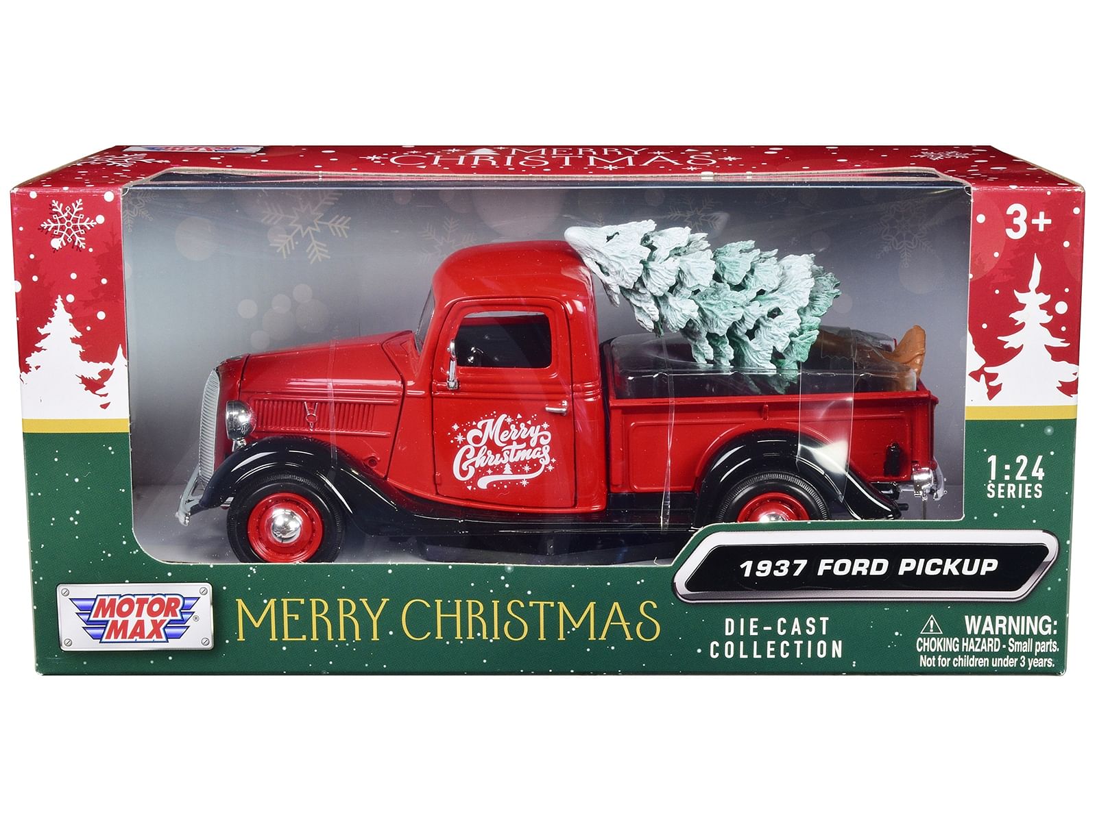 1937 Ford Pickup Truck Red and Black “Merry Christmas” with Tree Accessory 1/24 Diecast Model Car by Motormax