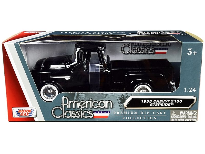 1955 Chevrolet 5100 Stepside Pickup Truck Black with Whitewall Tires “American Classics” 1/24 Diecast Model Car by Motormax