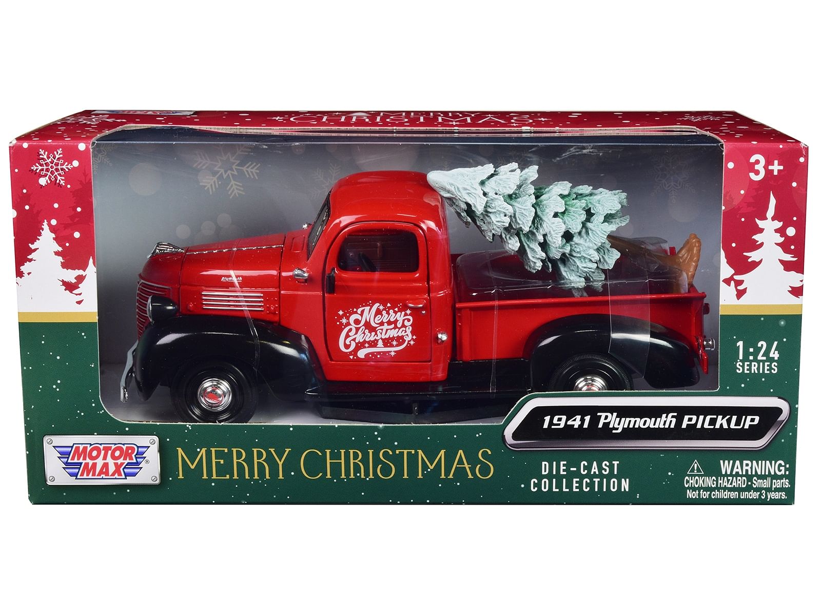 1941 Plymouth Pickup Truck Red and Black “Merry Christmas” with Tree Accessory 1/24 Diecast Model Car by Motormax