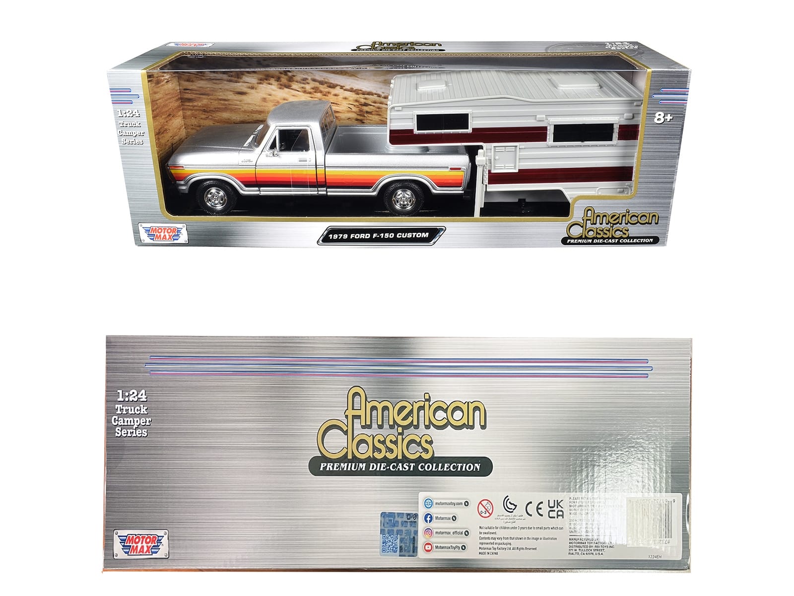 1979 Ford F-150 Custom Pickup Truck Silver Metallic with Side Stripes with Camper Shell "American Classics" Series 1/24 Diecast Model Car by Motormax - Image 2