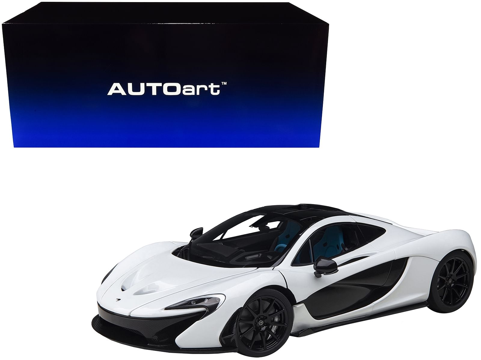 McLaren P1 Alaskan Diamond White with Blue and Black Interior 1/18 Model Car by Autoart