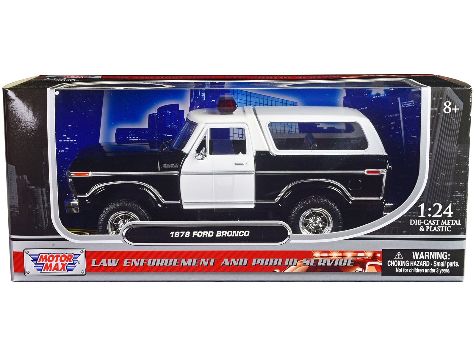 1978 Ford Bronco Police Car Unmarked Black and White “Law Enforcement and Public Service” Series 1/24 Diecast Model Car by Motormax