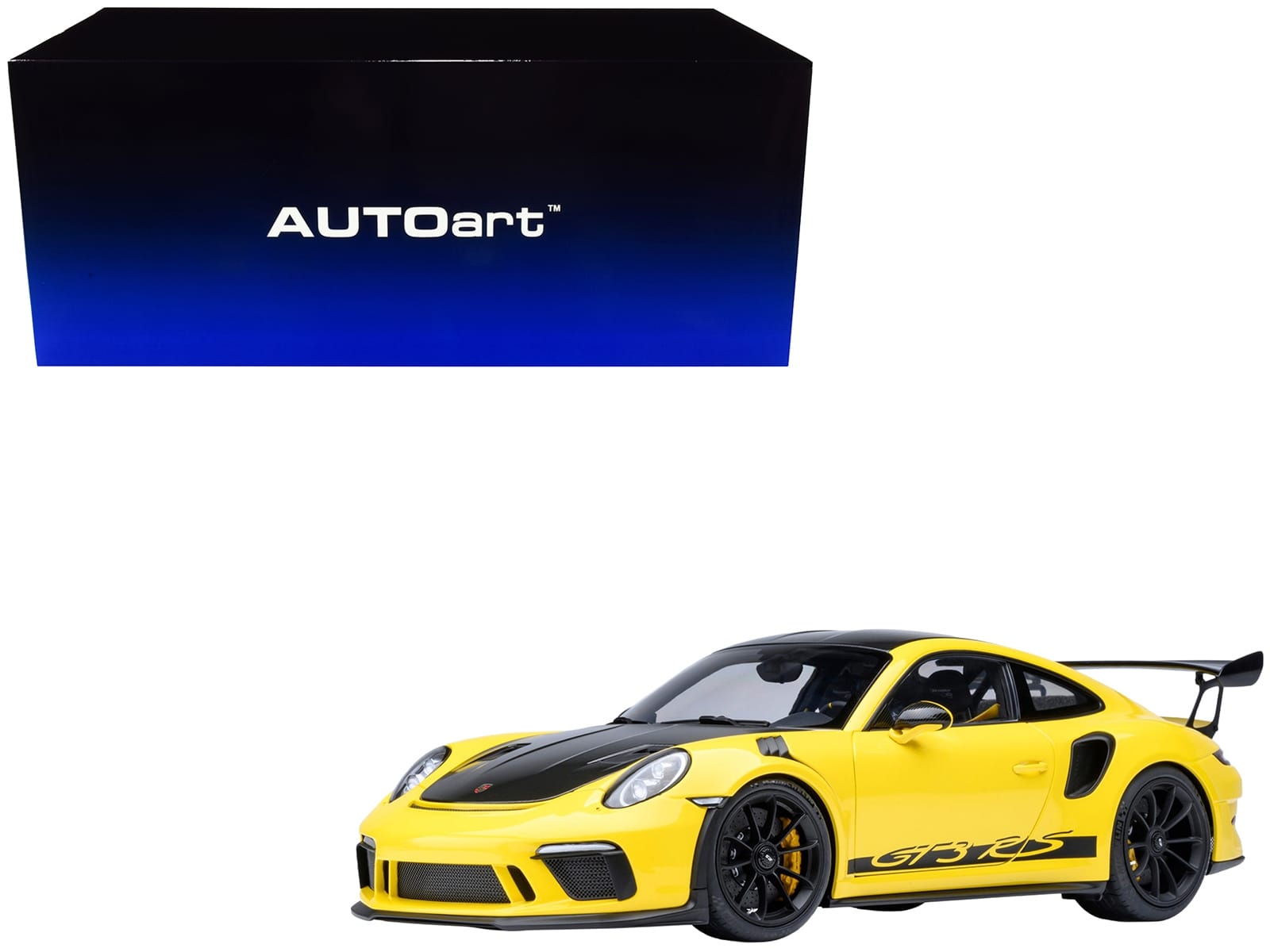 Porsche 911 (991.2) GT3 RS Weissach Racing Yellow with Carbon Hood and Top 1/18 Model Car by Autoart