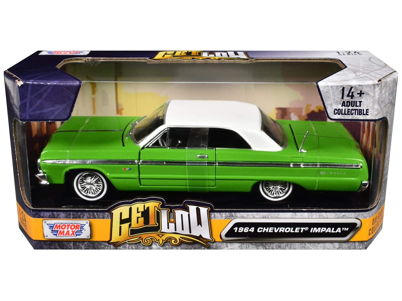 1964 Chevrolet Impala Lowrider Hard Top Green with White Top "Get Low" Series 1/24 Diecast Model Car by Motormax - Image 3